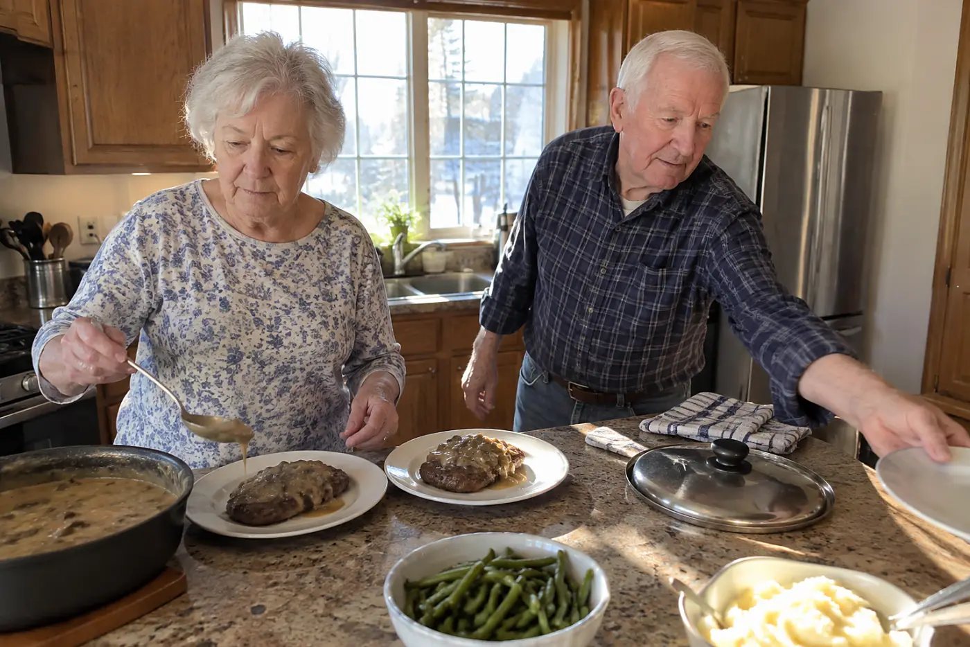 A woman spoons mushroom gravy over two beef patties at a kitchen counter.