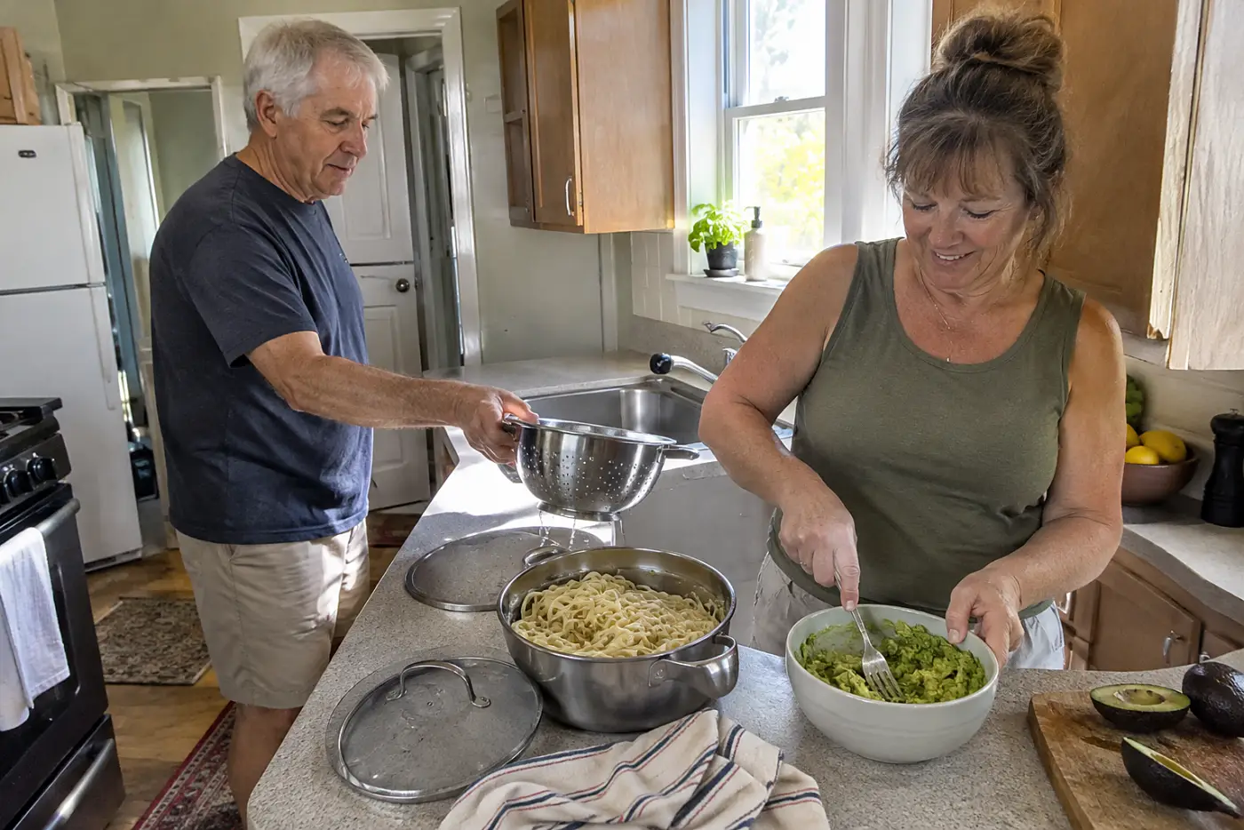 A woman mashes avocado beside drained fettuccine in a kitchenette.