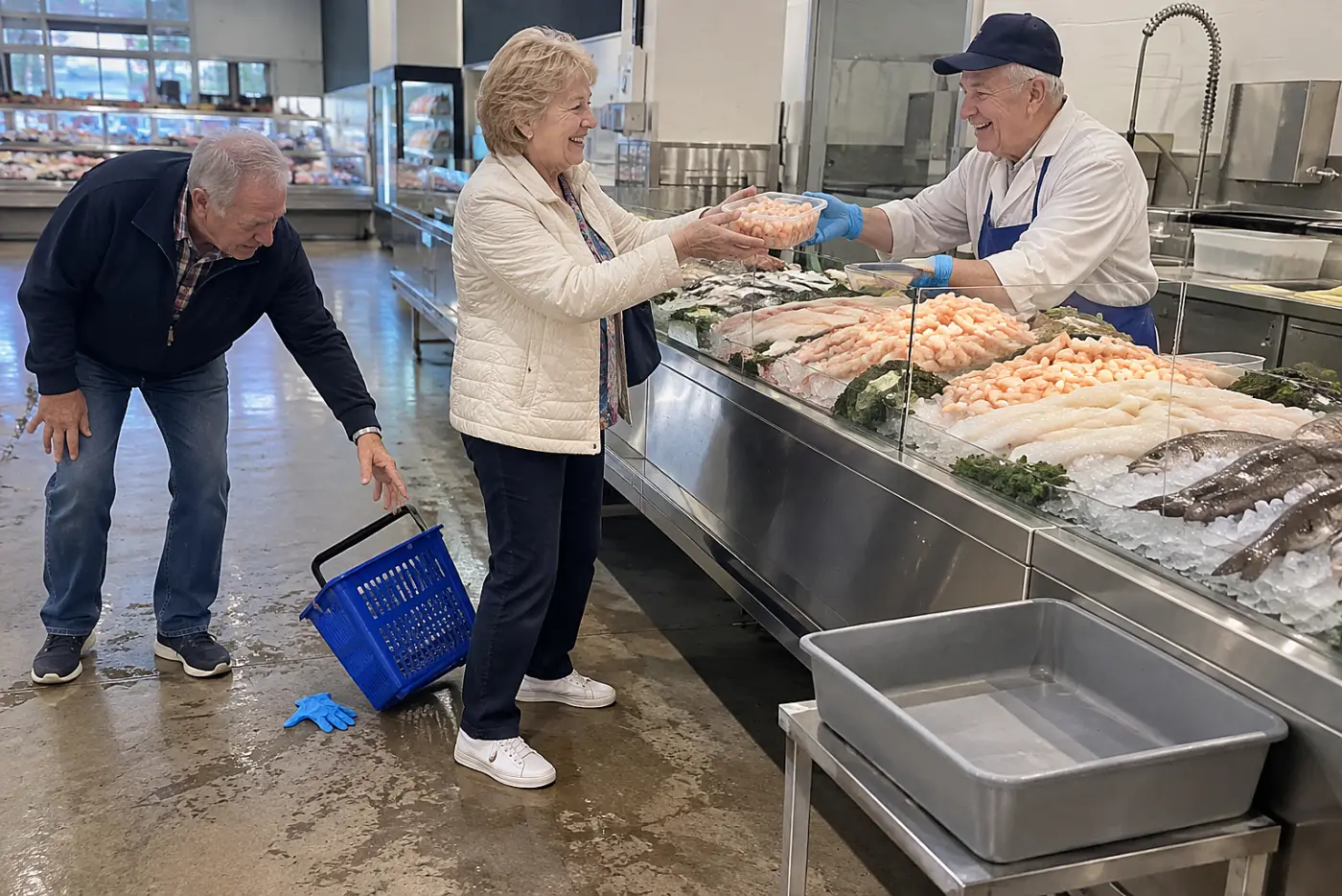 A woman buys peeled shrimp at a supermarket seafood counter.