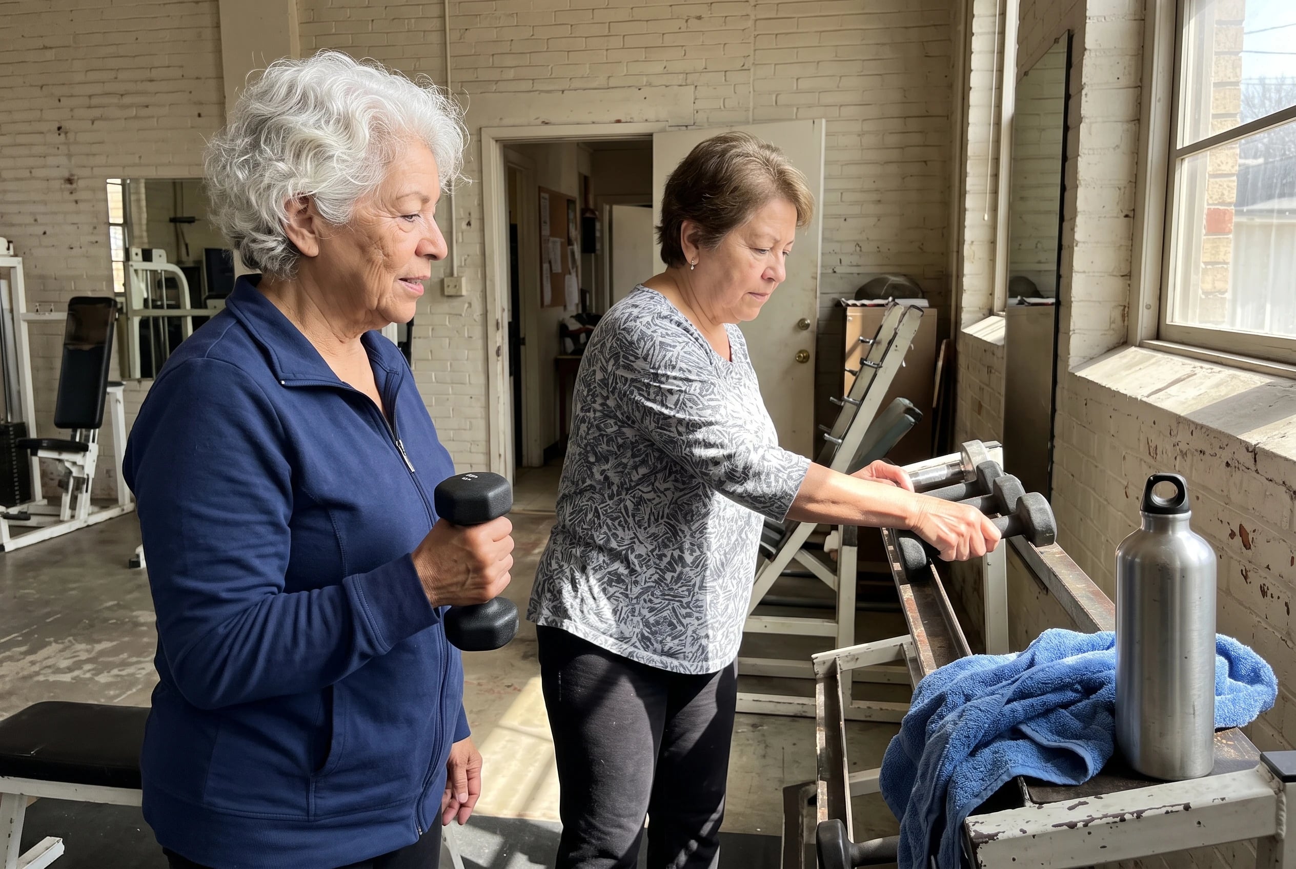 Woman testing a light hand weight beside a rack at a community center.