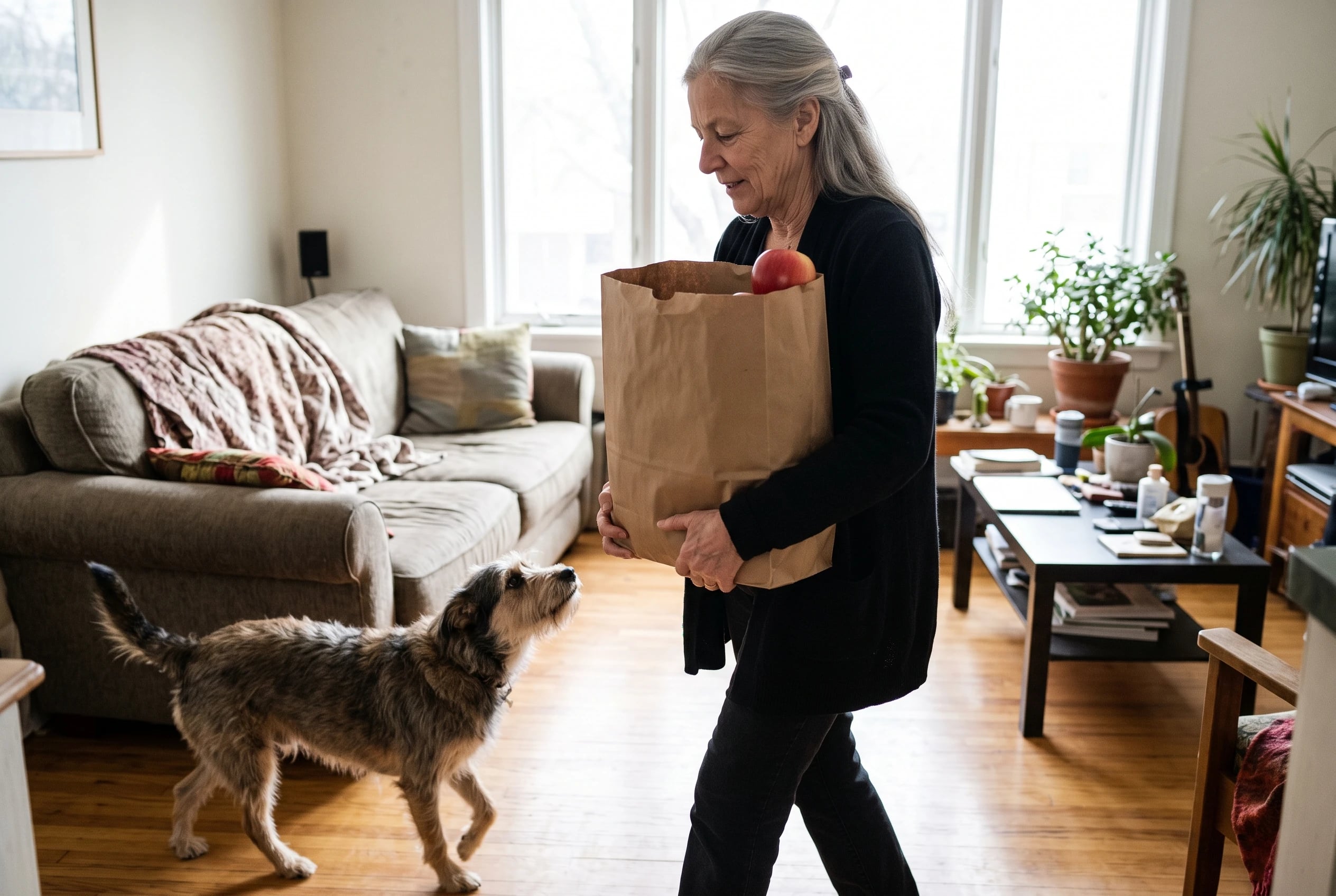 Woman carrying a grocery bag across a clear living room floor.