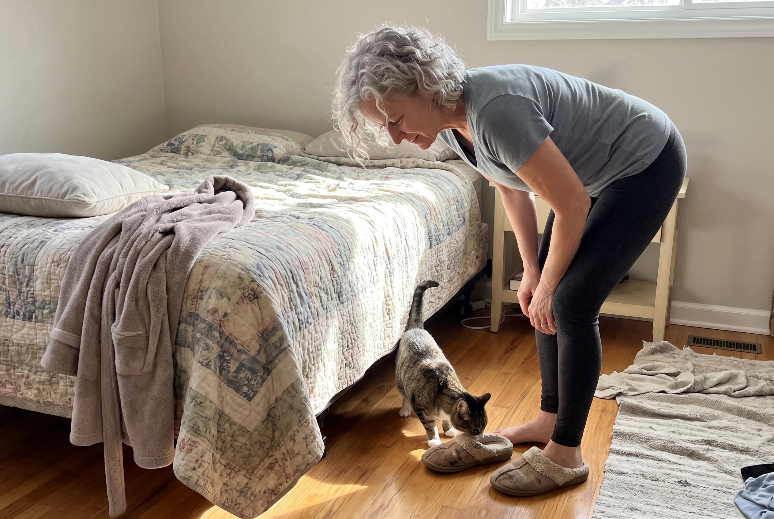 Woman practicing a hip hinge beside her bed.