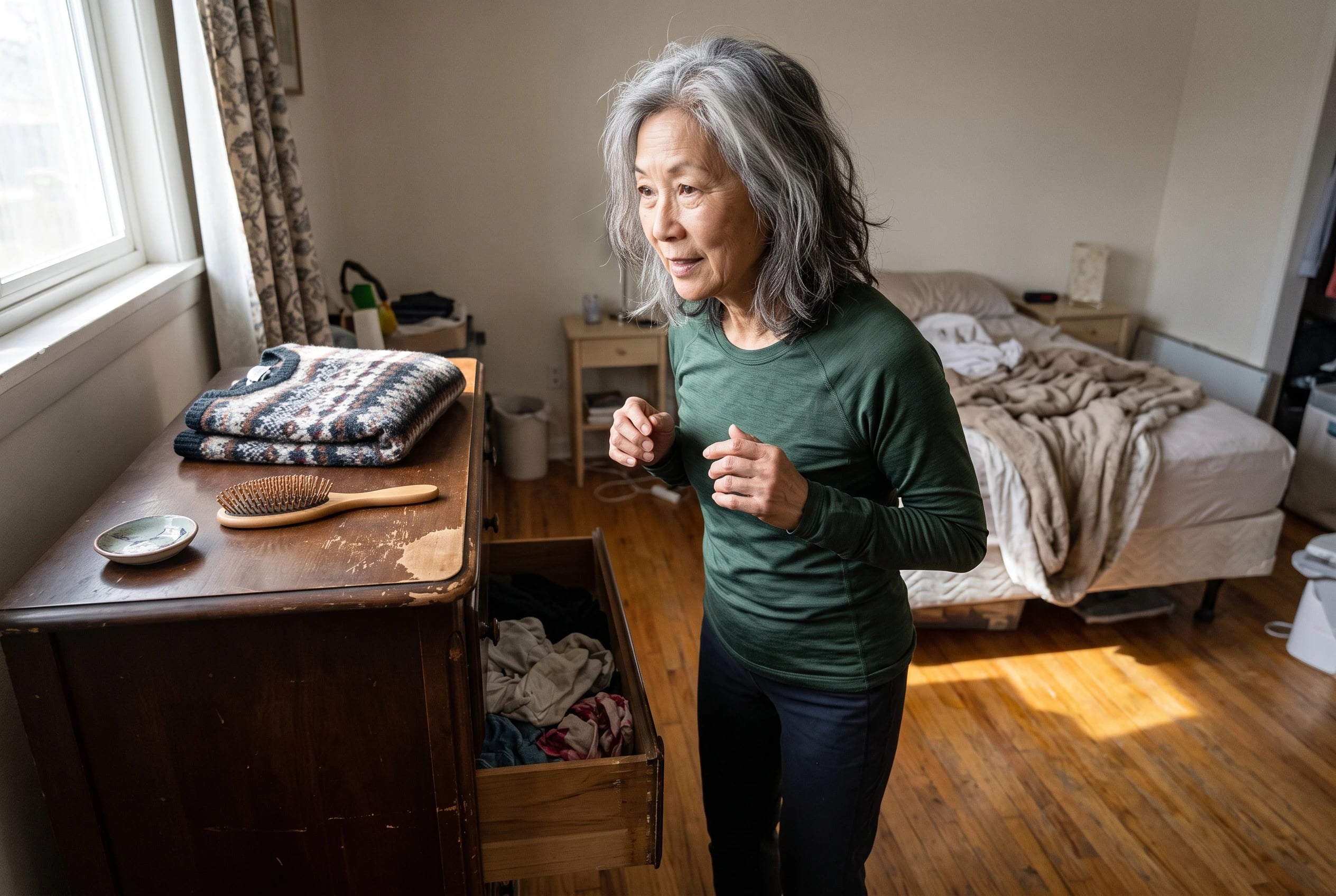 Woman raising her arms overhead beside her bedroom dresser.