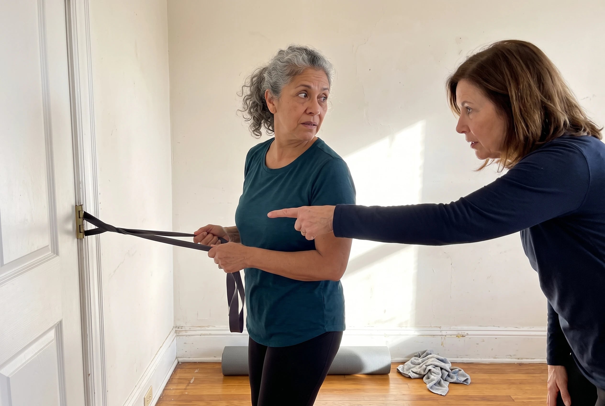 Woman pulling a resistance band through a door anchor in a home exercise room.