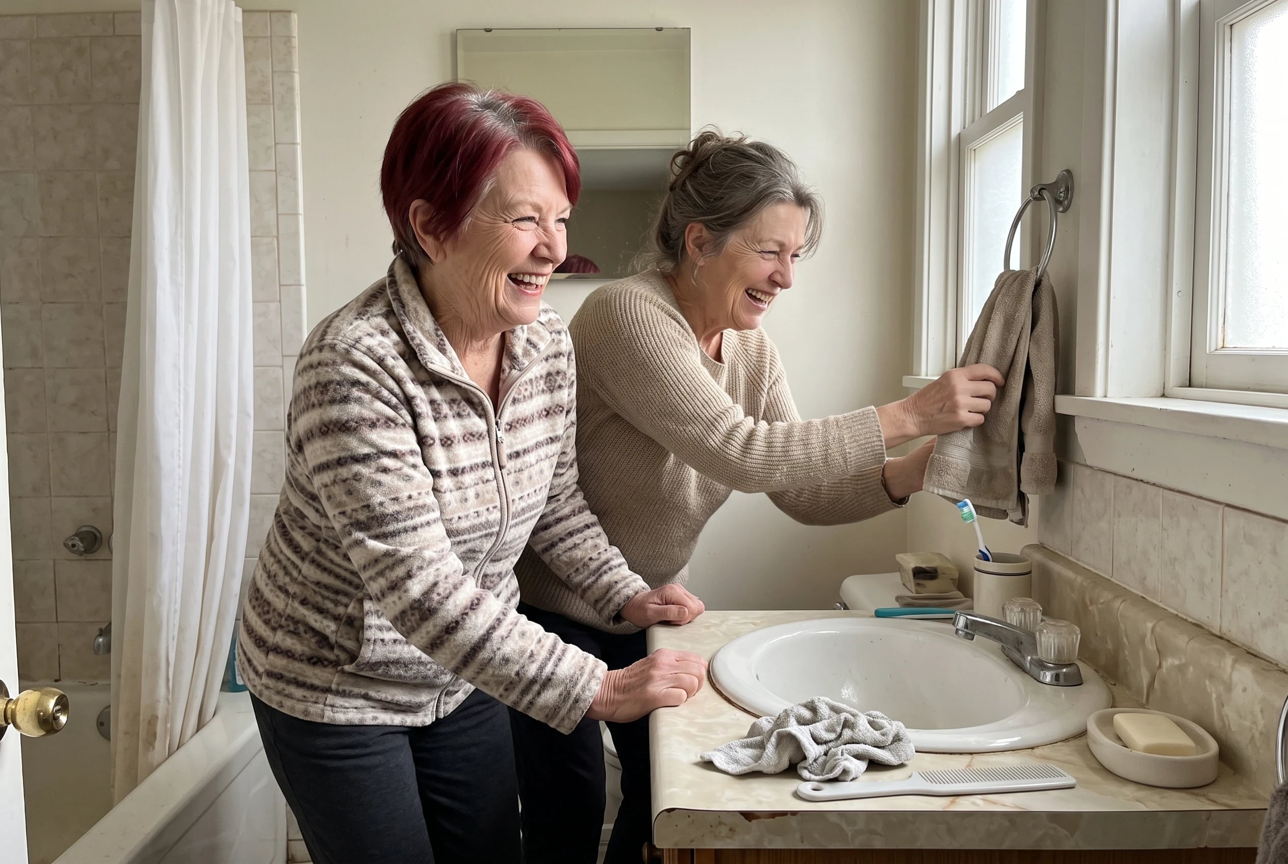 Woman rising onto her toes while holding a bathroom sink.