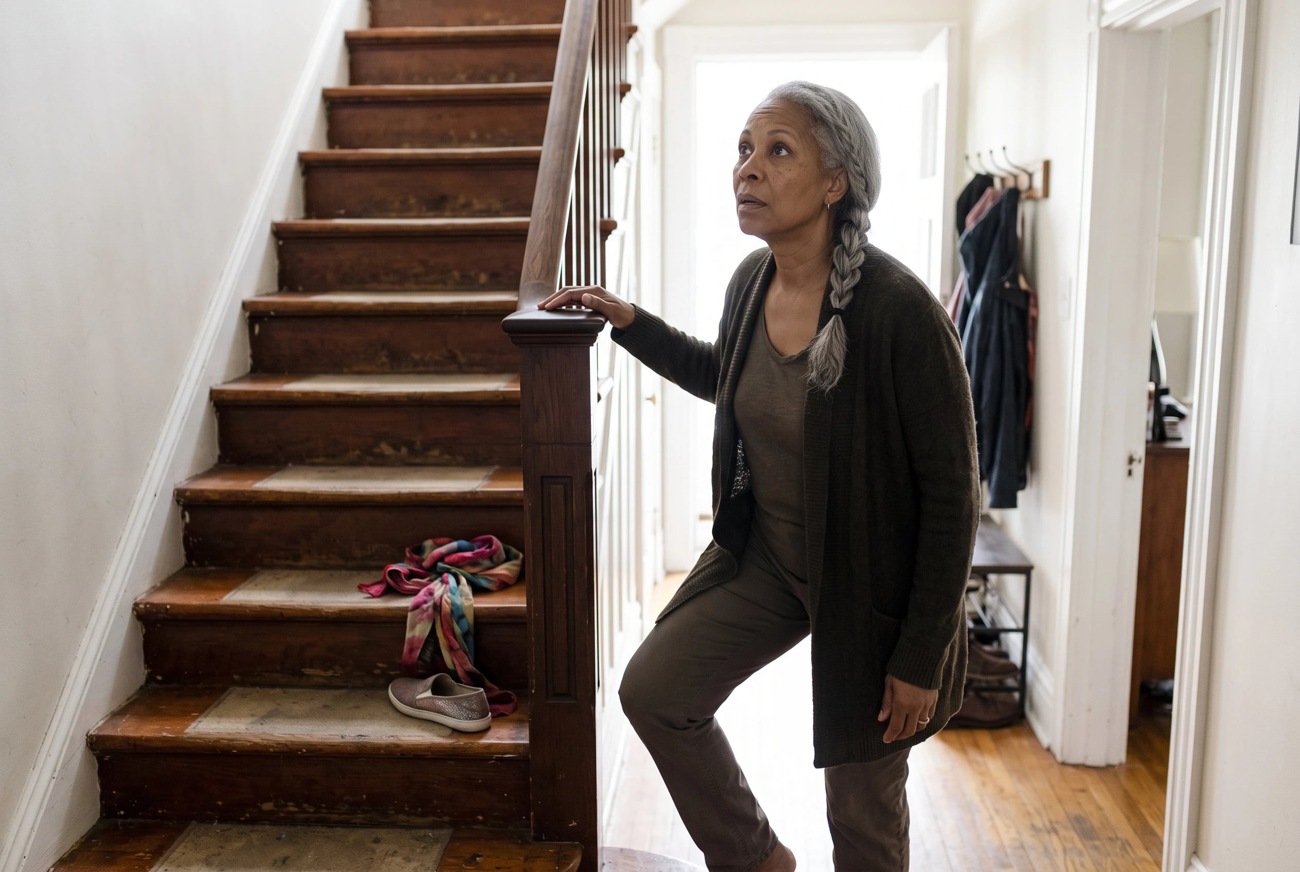 Woman stepping onto the bottom stair while holding the railing.