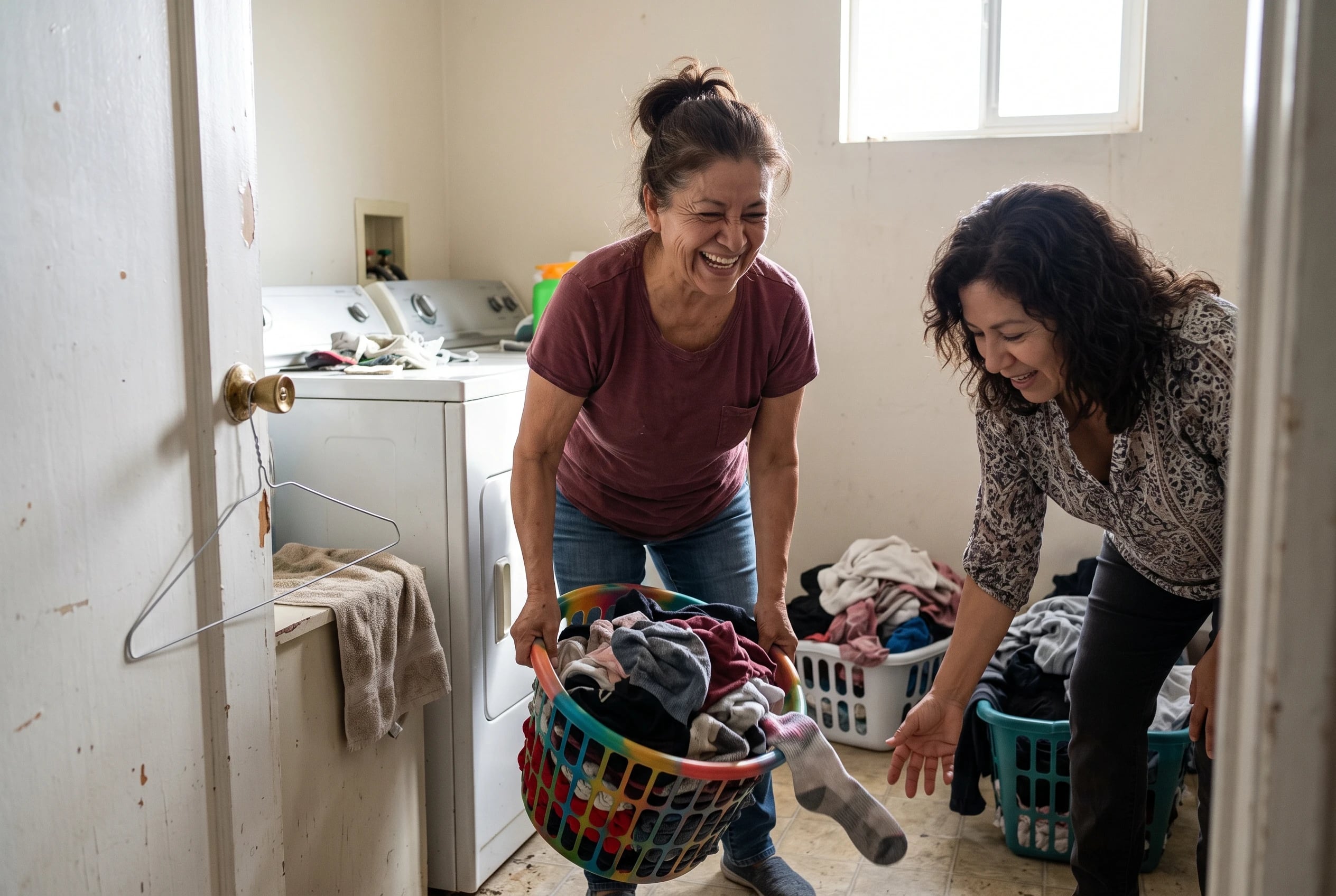 Woman lifting a laundry basket from the floor in a laundry room.
