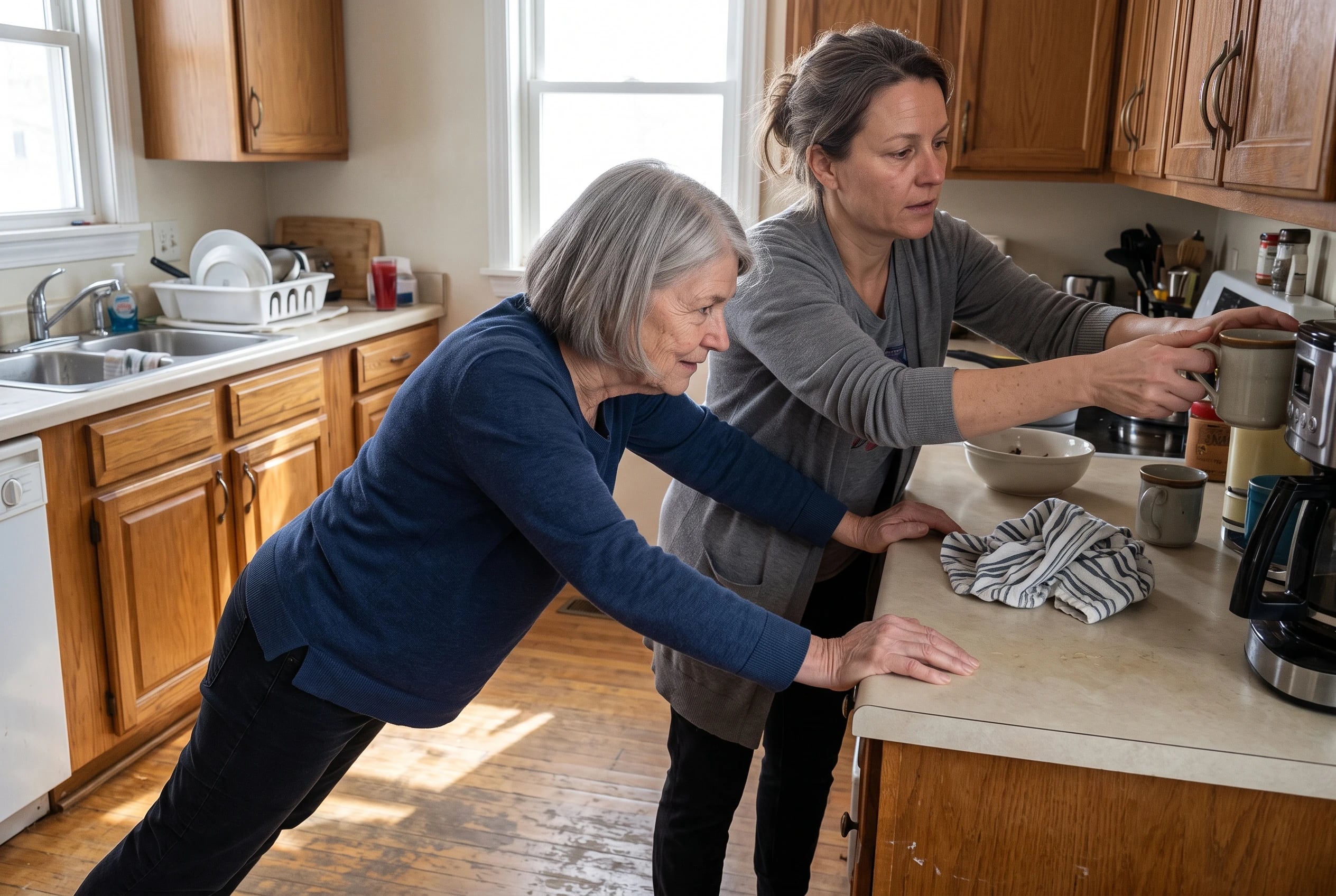 Woman doing a push-up against a fixed kitchen counter.