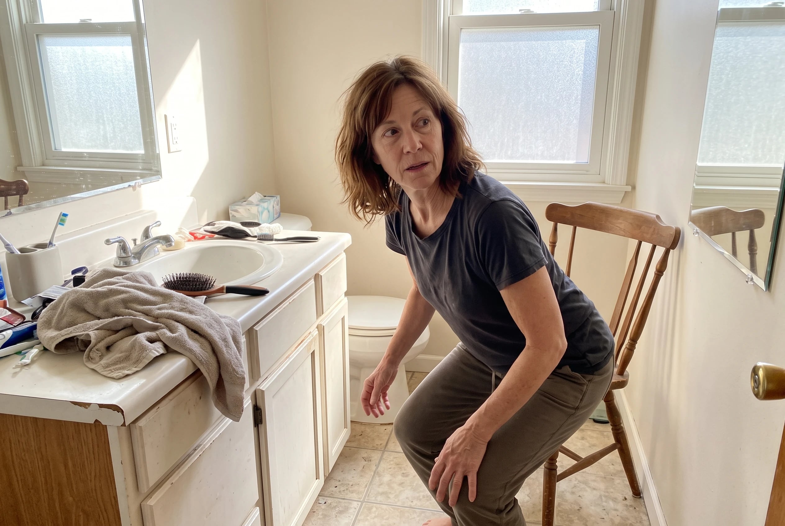 Woman checking her squat in a bathroom mirror with a chair behind her.