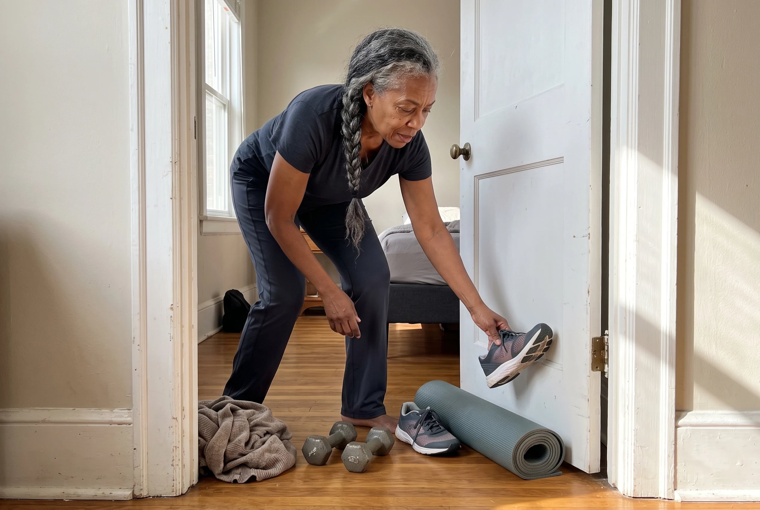 Woman placing her workout shoes beside her bedroom door.