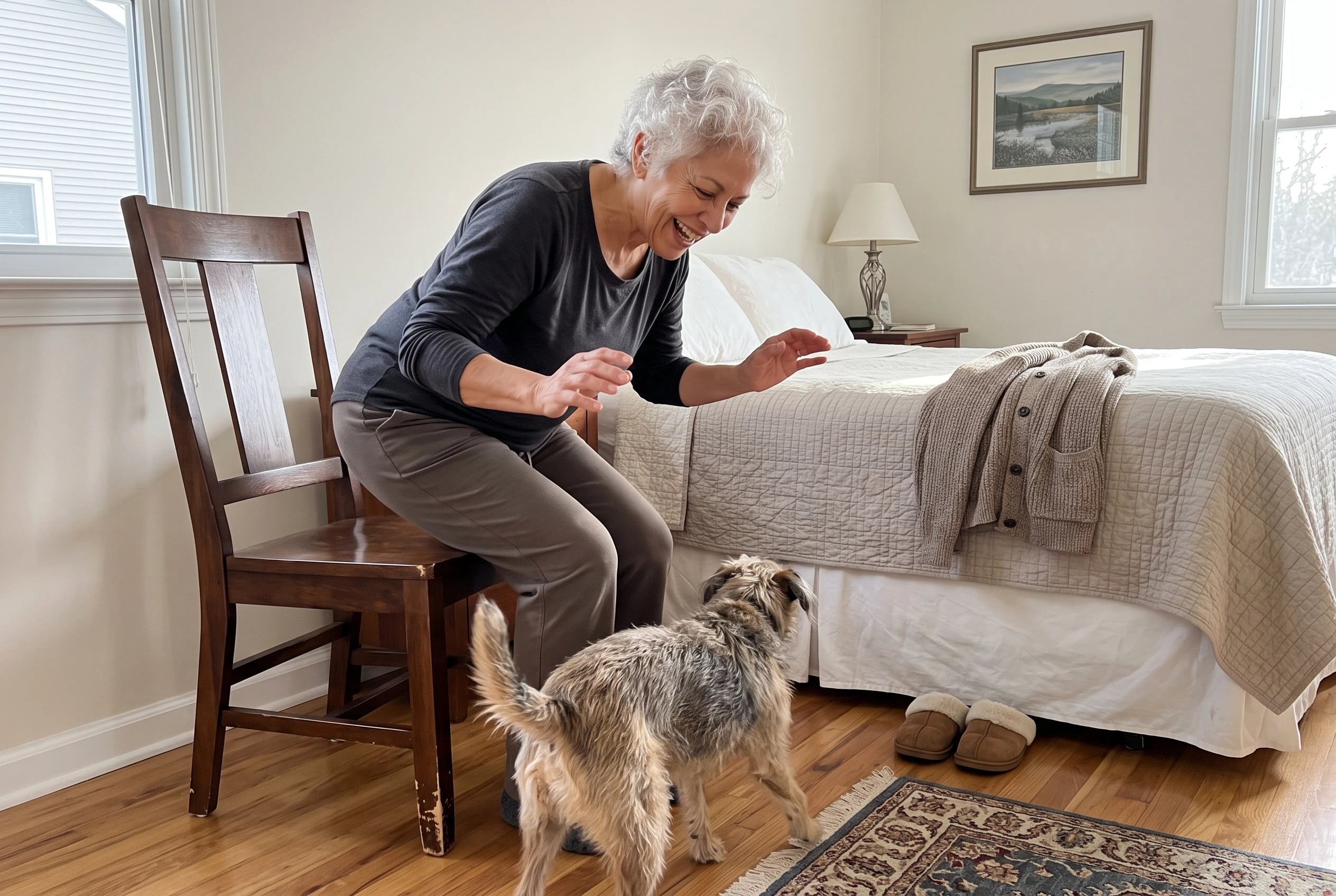 Woman rising from a sturdy chair in her bedroom.
