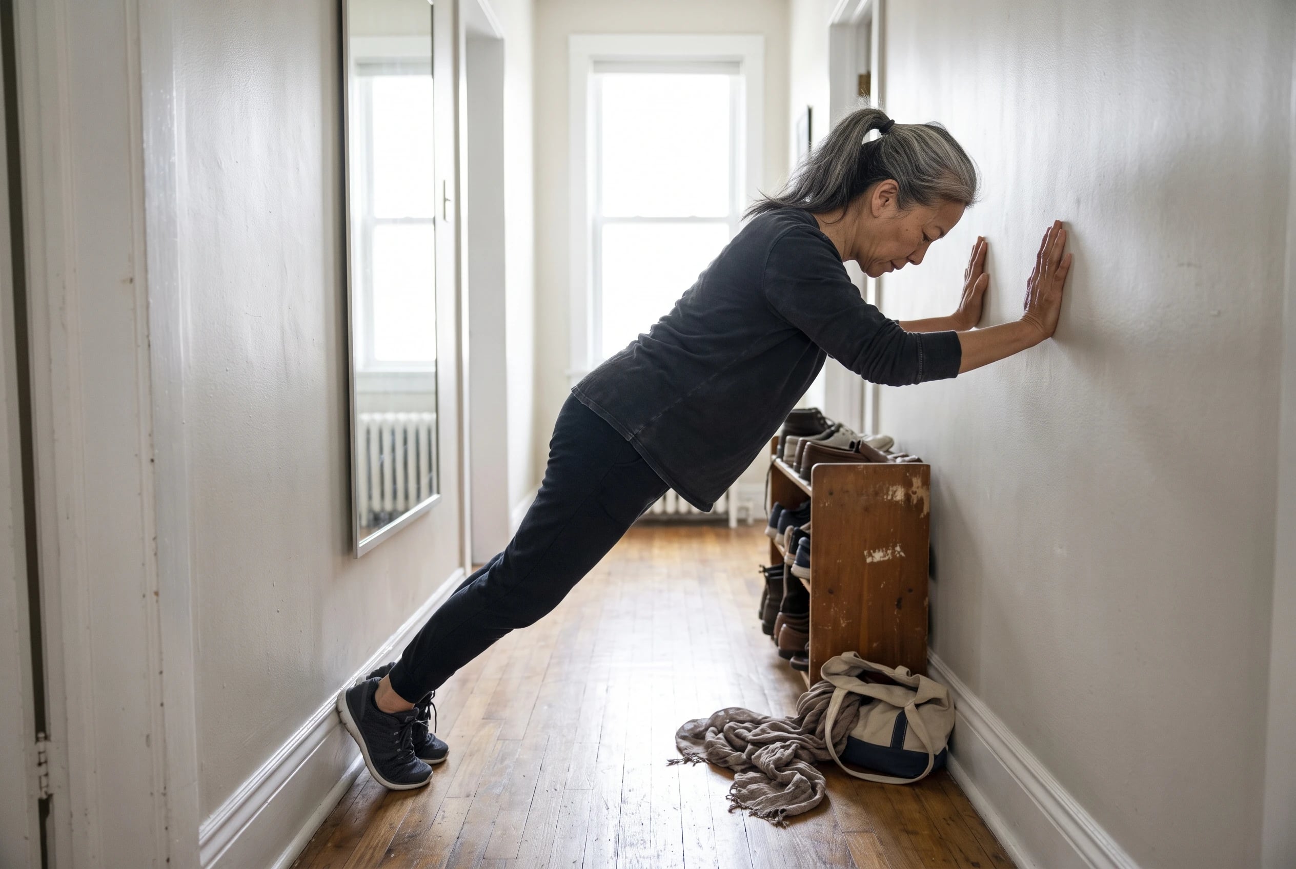 Woman doing a wall push-up beside a hallway mirror.