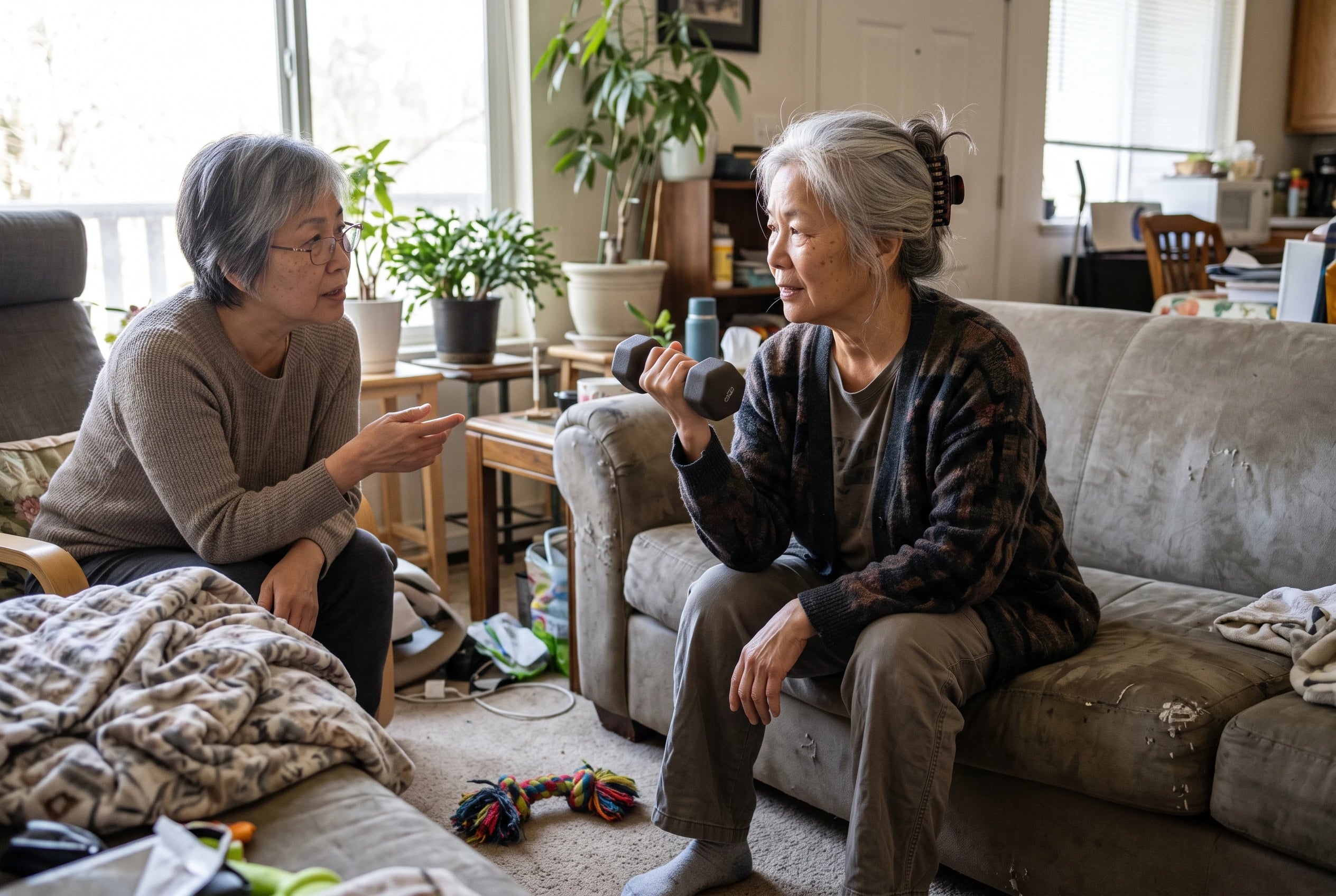 Woman lifting a small dumbbell with controlled form in her living room.