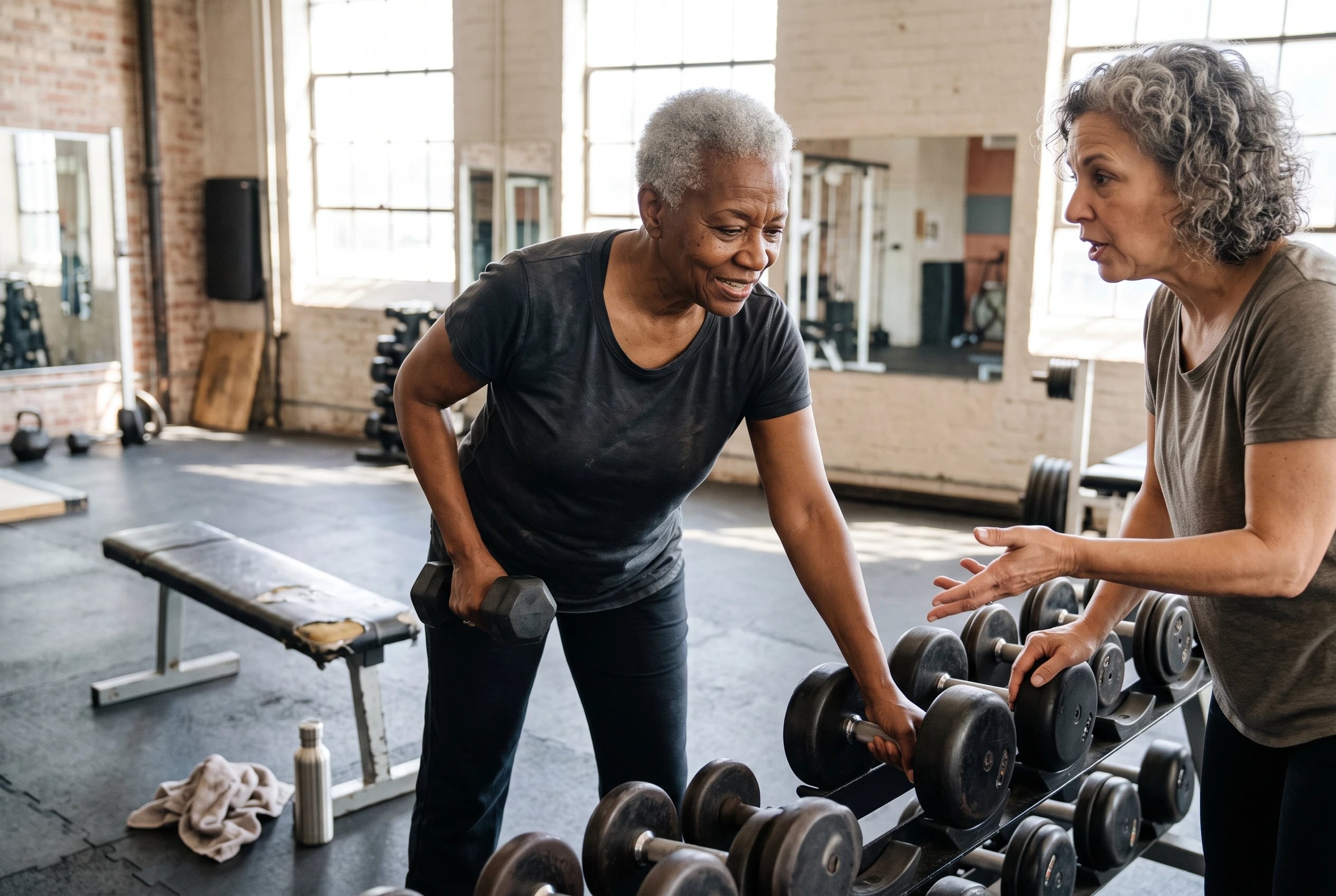 Woman choosing a heavier dumbbell from a rack at a community gym.