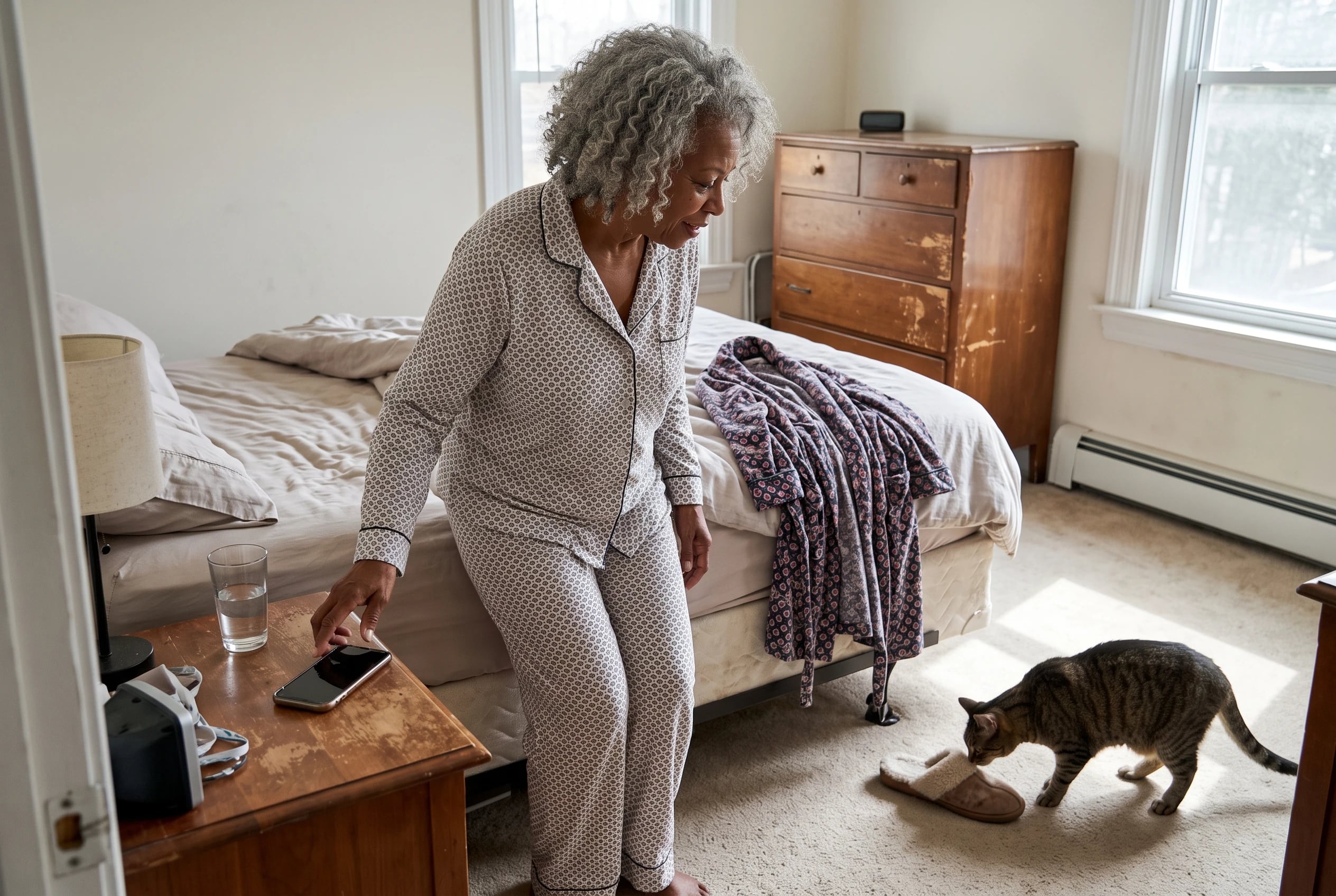 Woman setting her phone on a bedroom nightstand before bed.