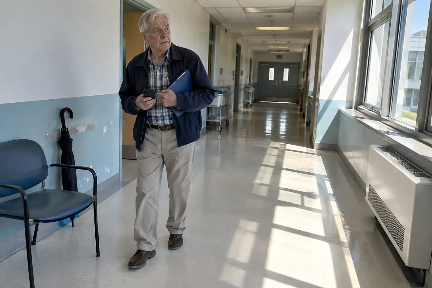 A man in his seventies carrying a blue folder and phone walks down a hallway.