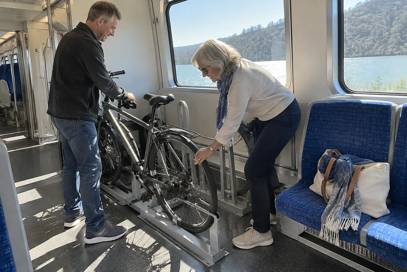 A man and a woman secure their bicycles in a rack inside a train car.
