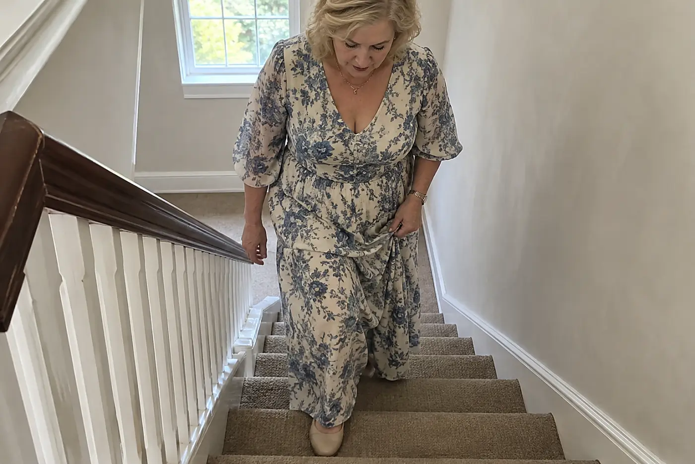 A woman in her sixties climbs the stairs at home in a long dress, watching the hem near her shoes.