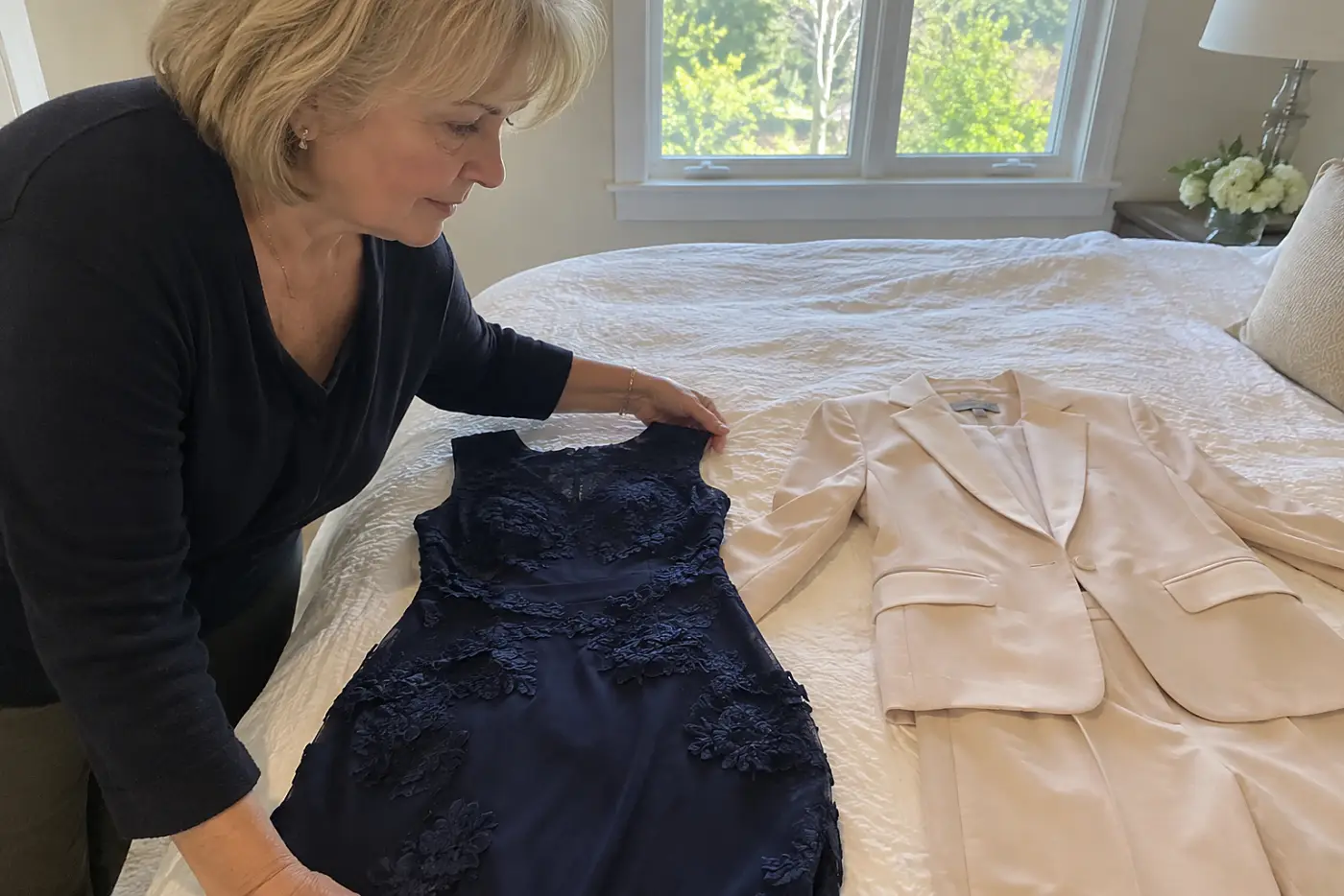 A woman in her sixties adjusts a navy lace dress and beige suit on a bed.
