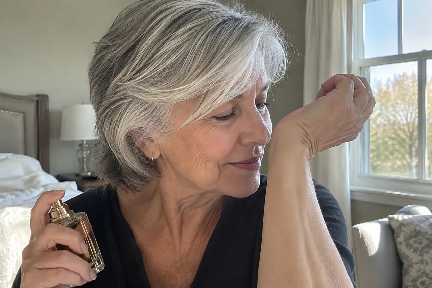 A woman in her sixties touches the perfume on her wrist while dressing at home, with the bottle beside her.