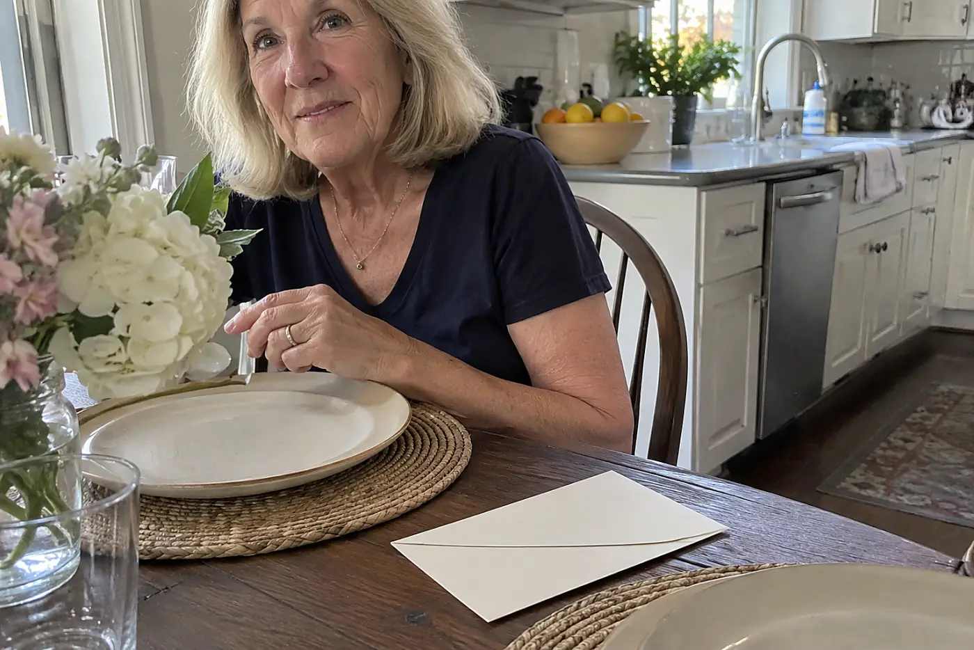 A woman in her sixties sits at a table beside a white invitation envelope.