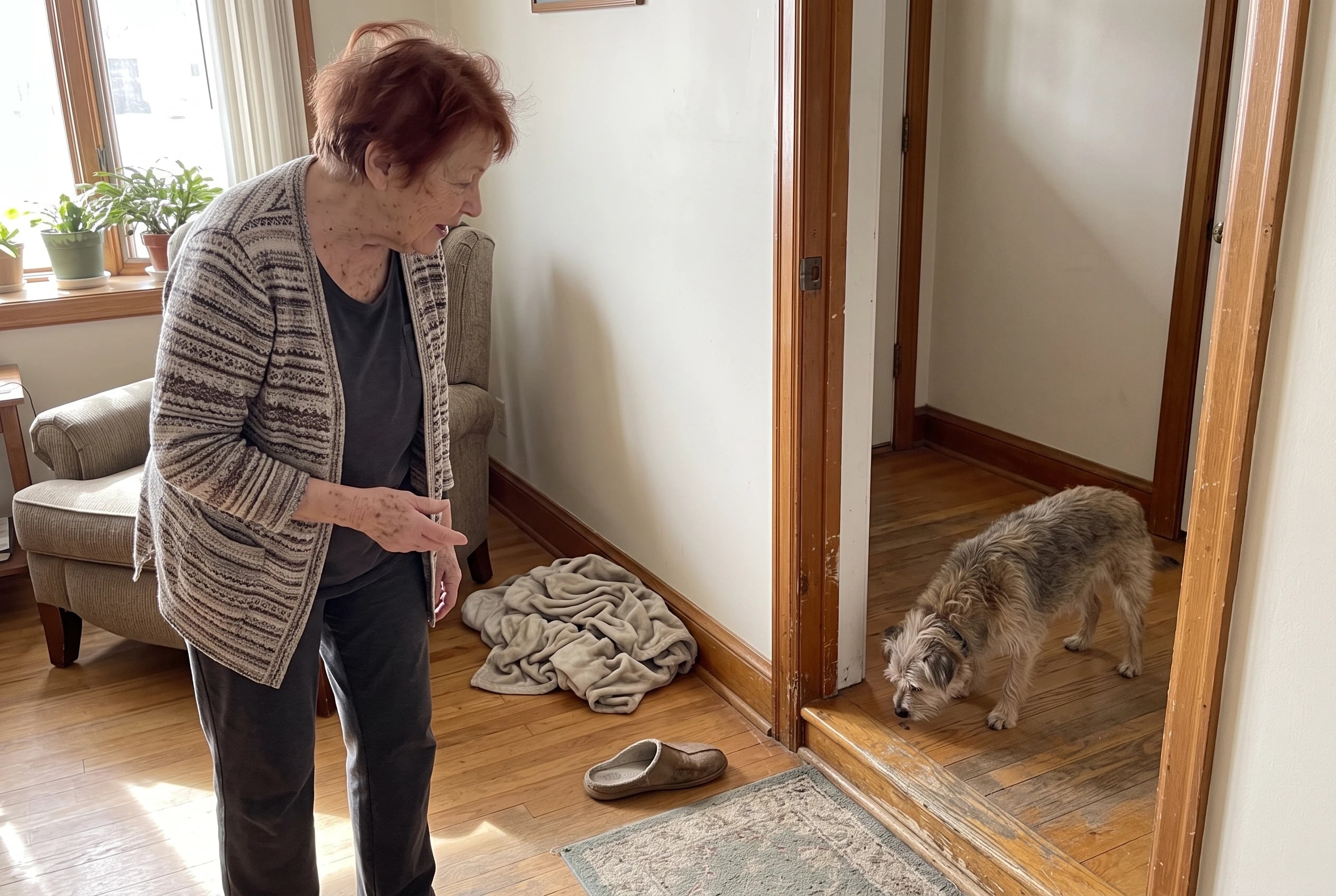 An older woman watches her dog pause beside a familiar living room doorway.