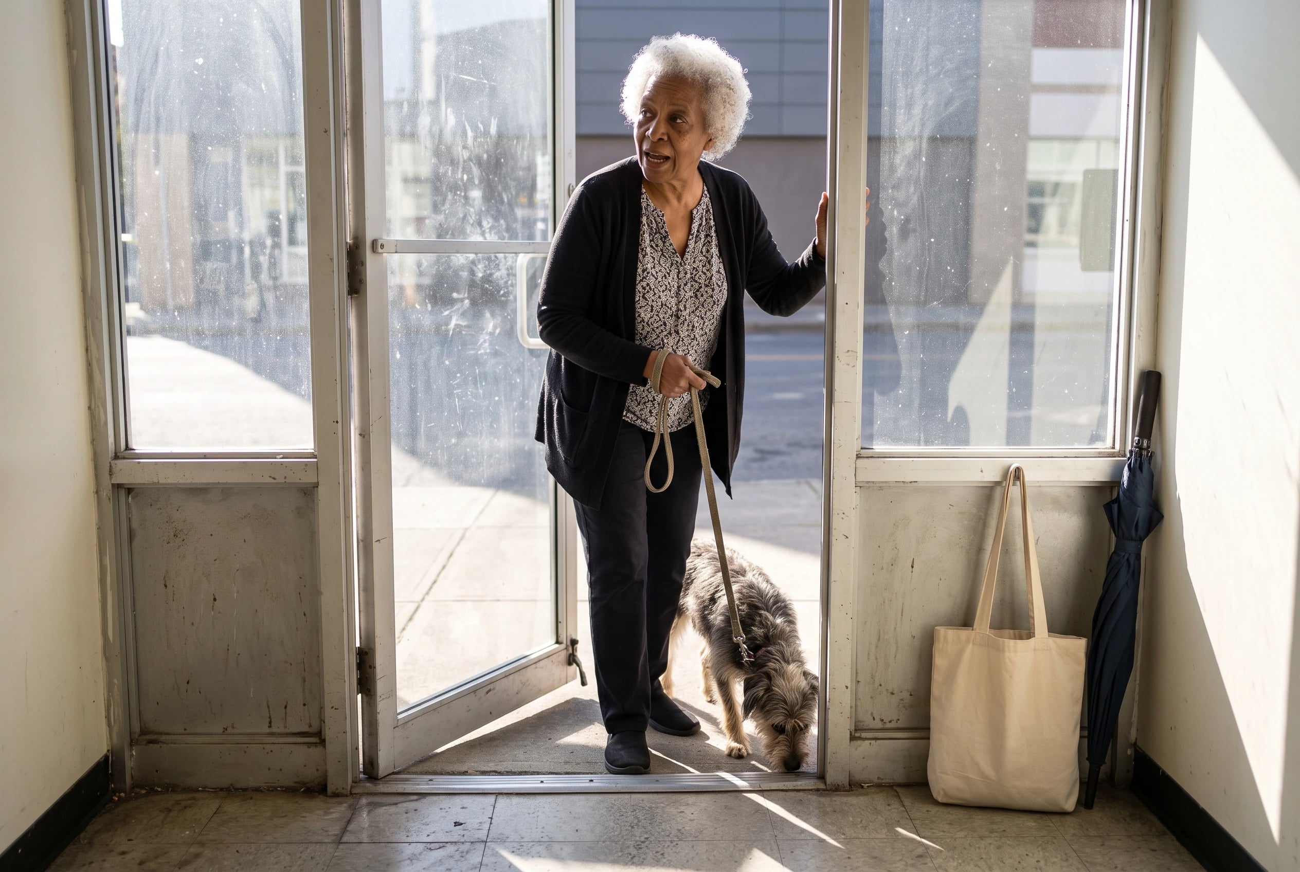 An older woman walks her dog through the entrance of a veterinary clinic.