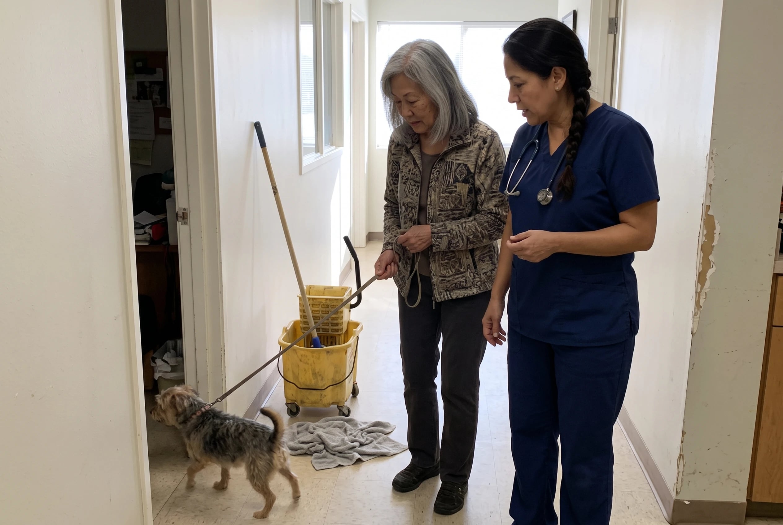 A woman holds her dog’s leash while speaking with a veterinarian in a clinic corridor.