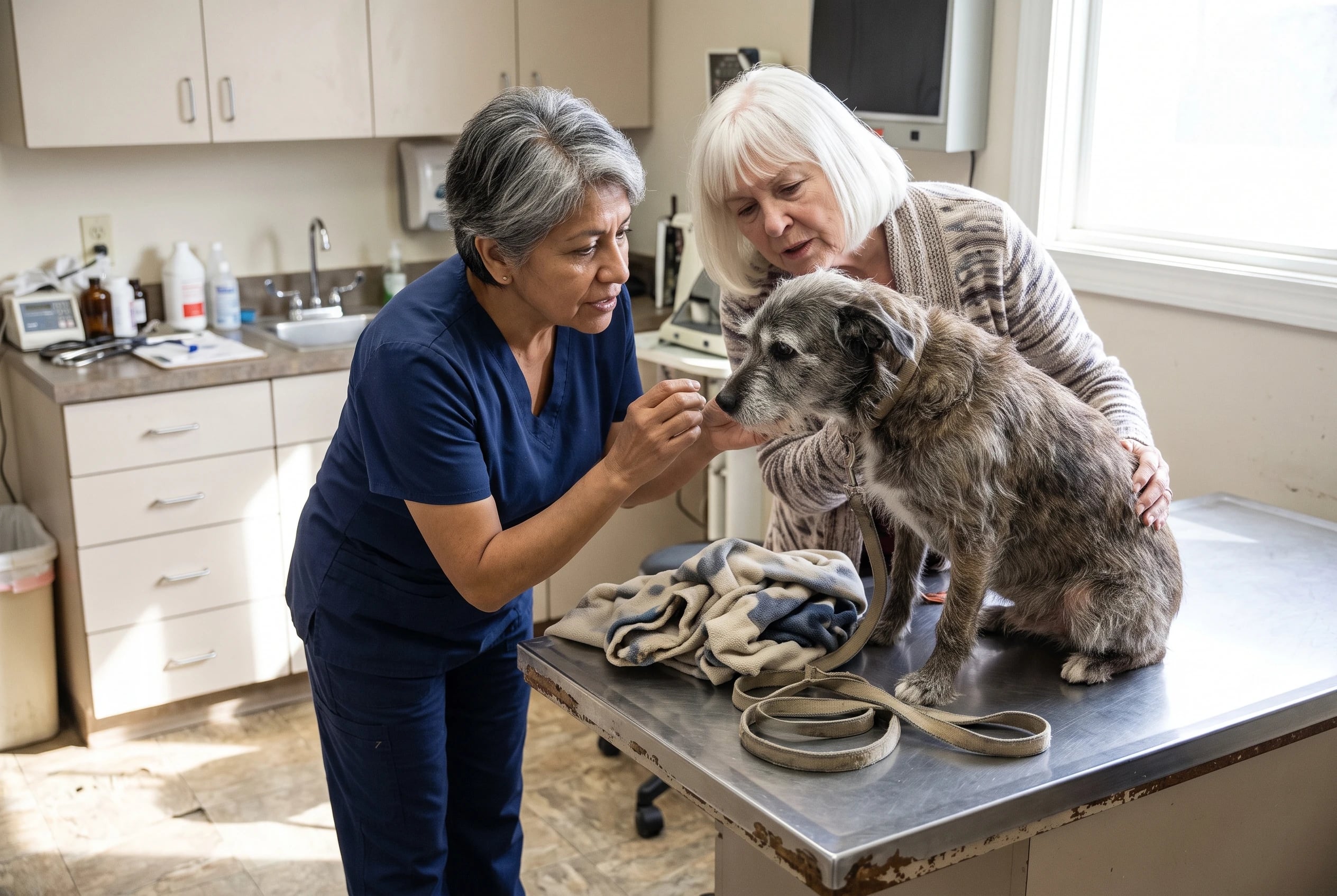 A veterinarian examines an older dog’s eyes while its owner stands close in a clinic.