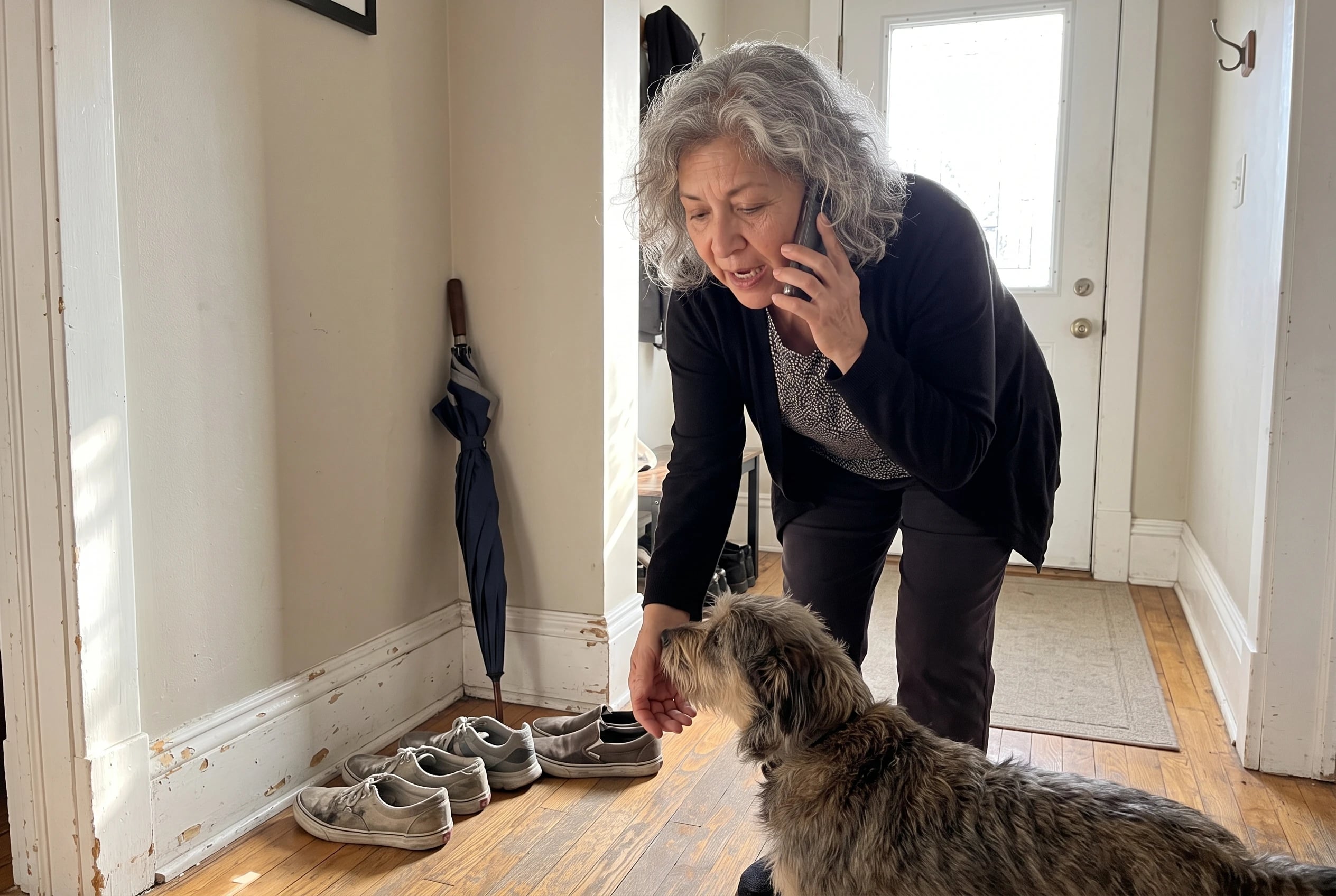 A woman speaks on the phone beside her dog in a hallway.