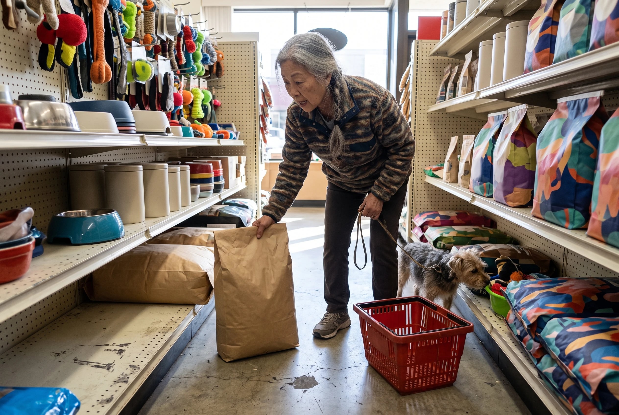 An older woman picks up a bag of senior dog food in a pet store aisle.