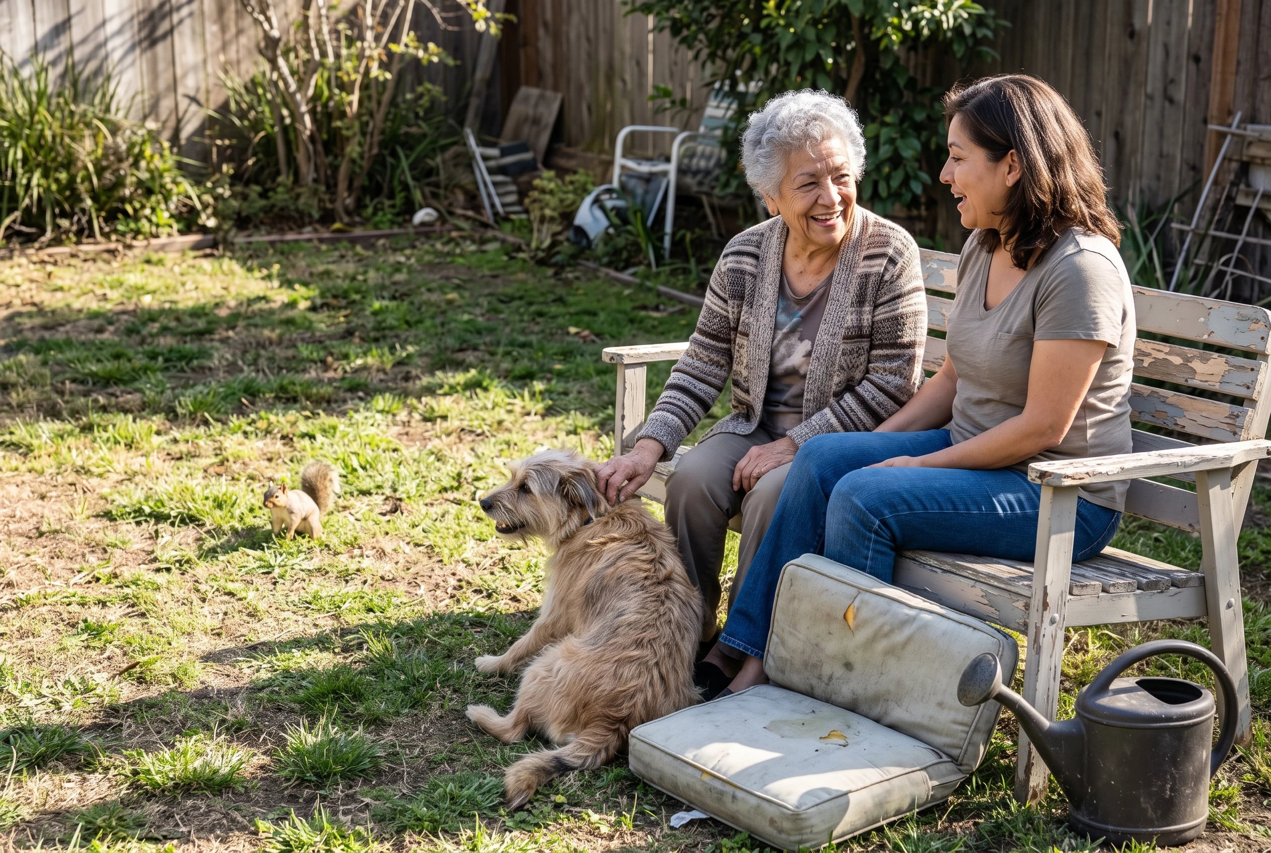 A woman scratches her dog behind the ears on a backyard bench.
