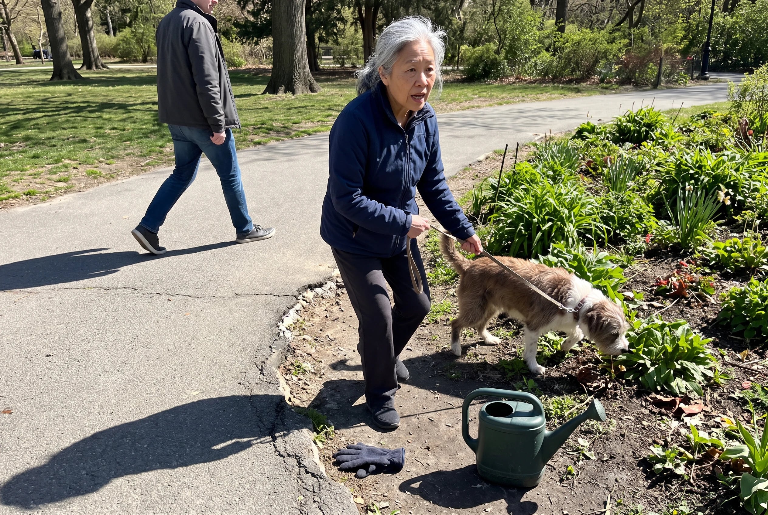 A woman walks her medium-size dog past the flower beds in a city park.
