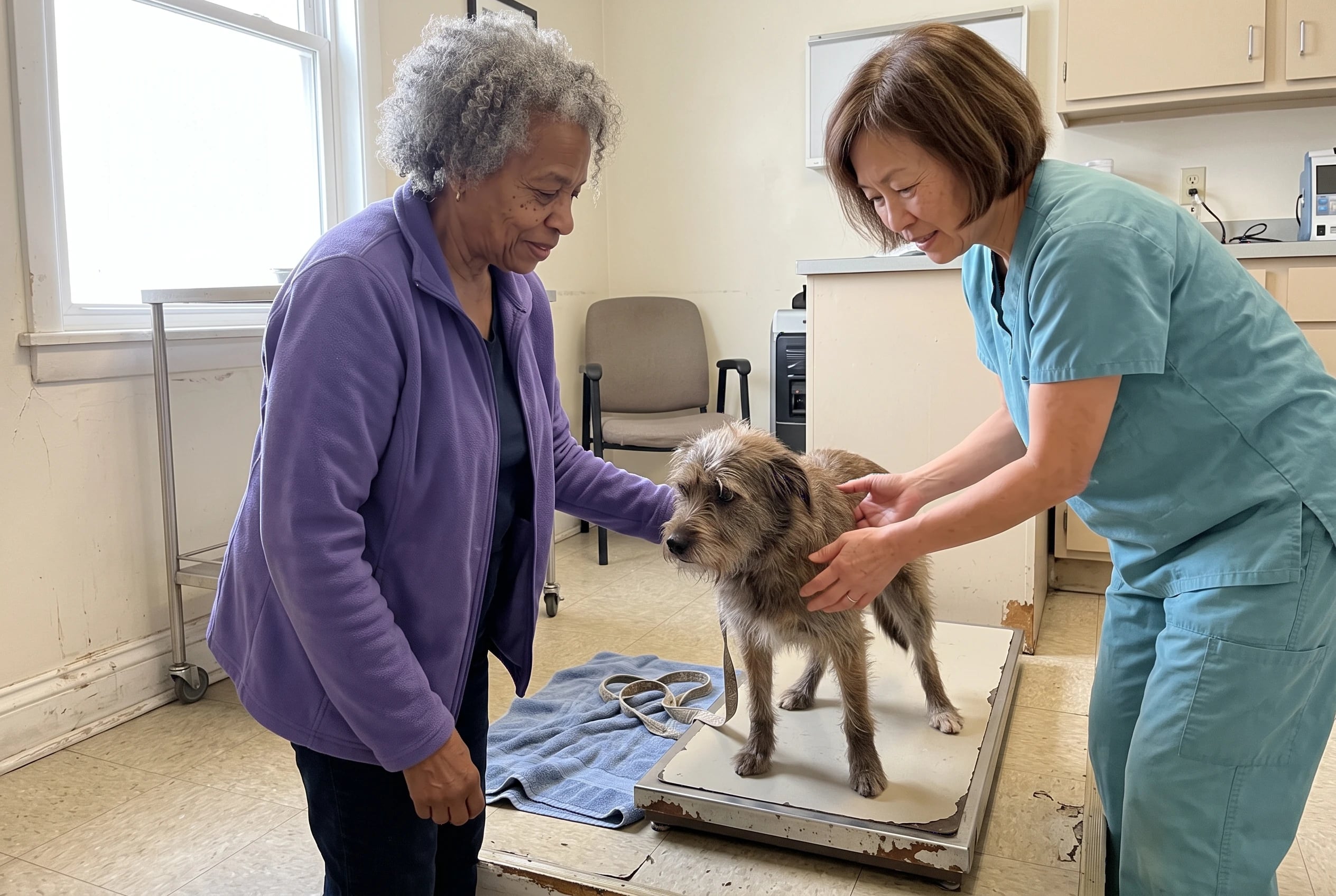 An older woman steadies her dog on a veterinary clinic scale.