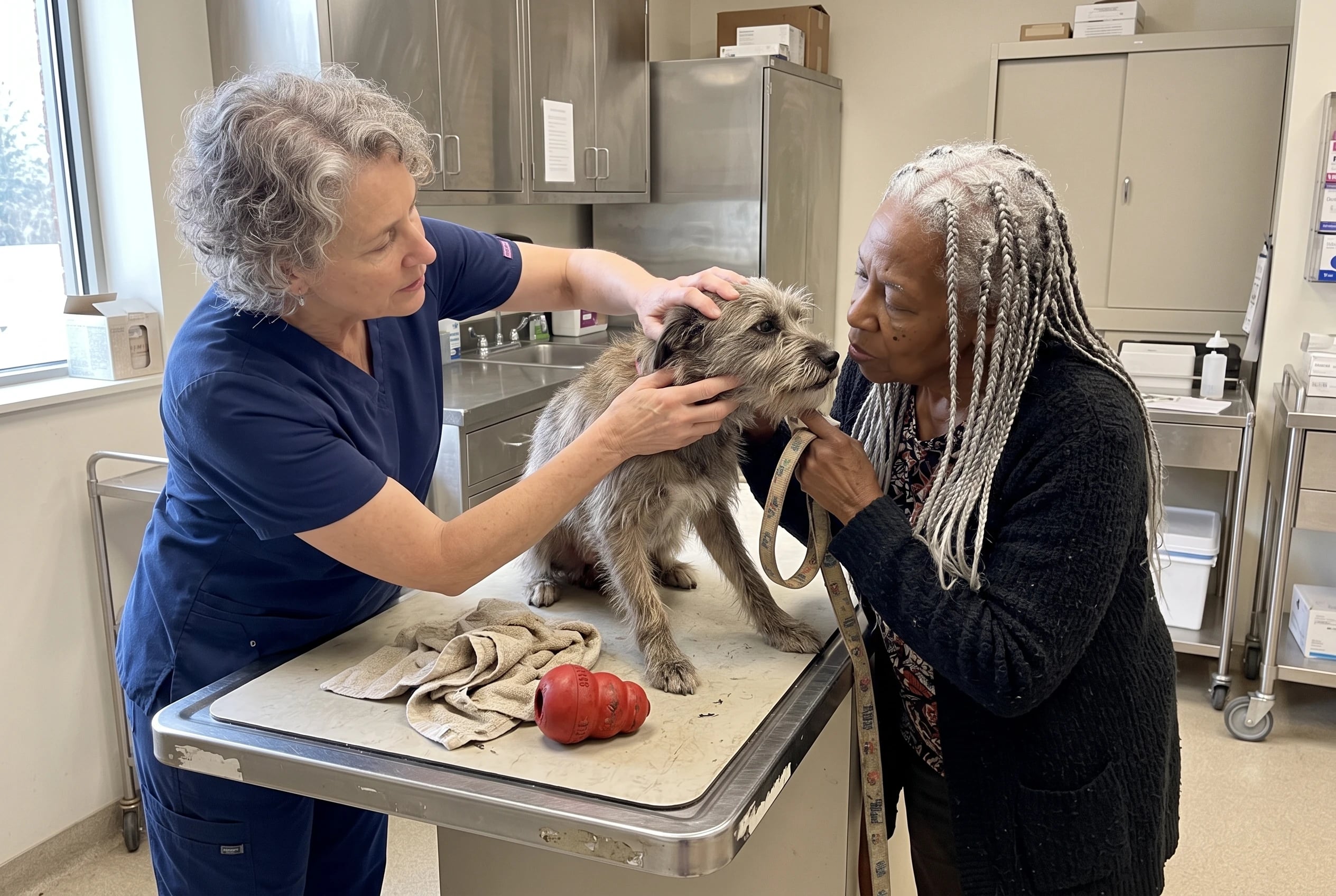 A veterinarian examines a rescue dog’s teeth while its owner holds the leash.