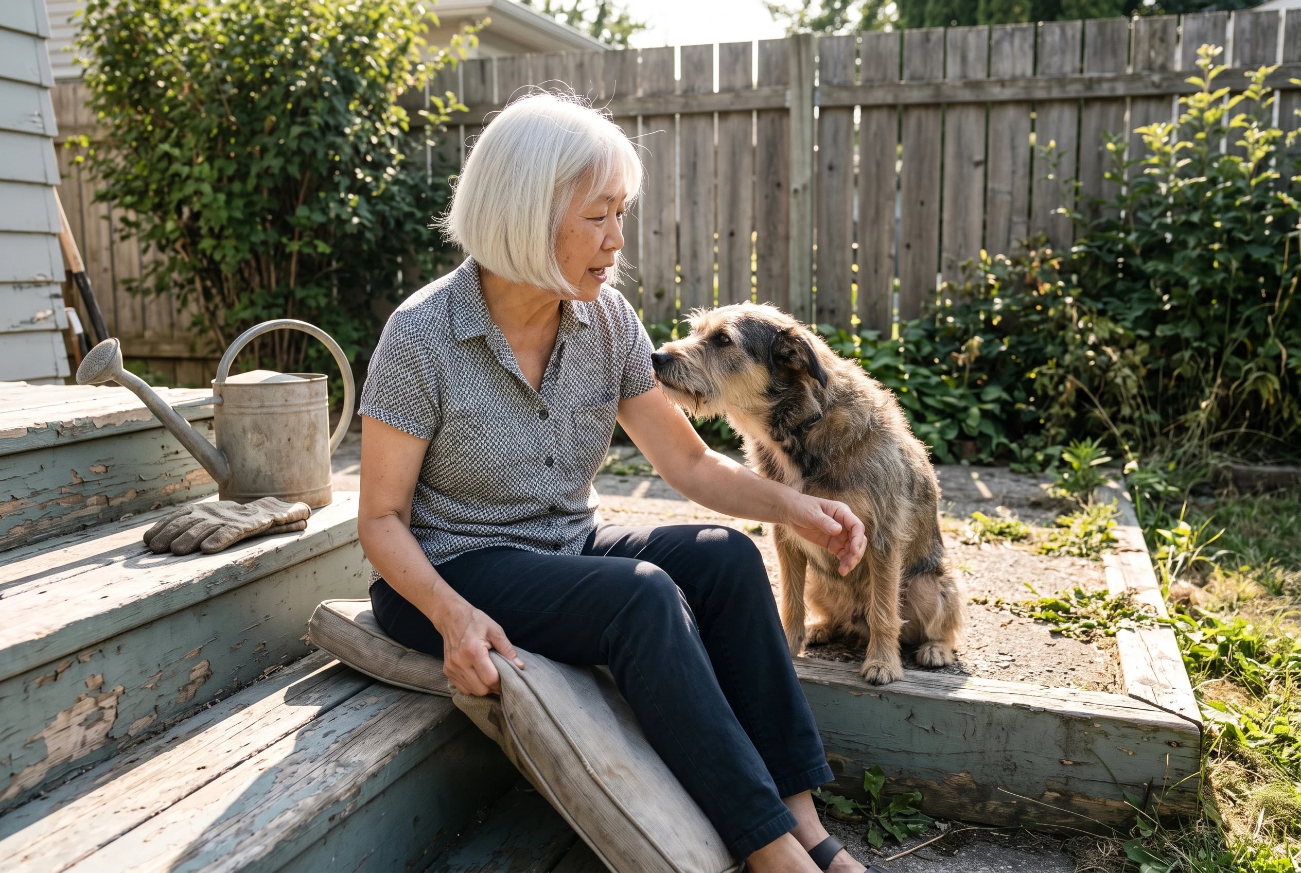 An older woman sits beside her dog on a sunny backyard step.
