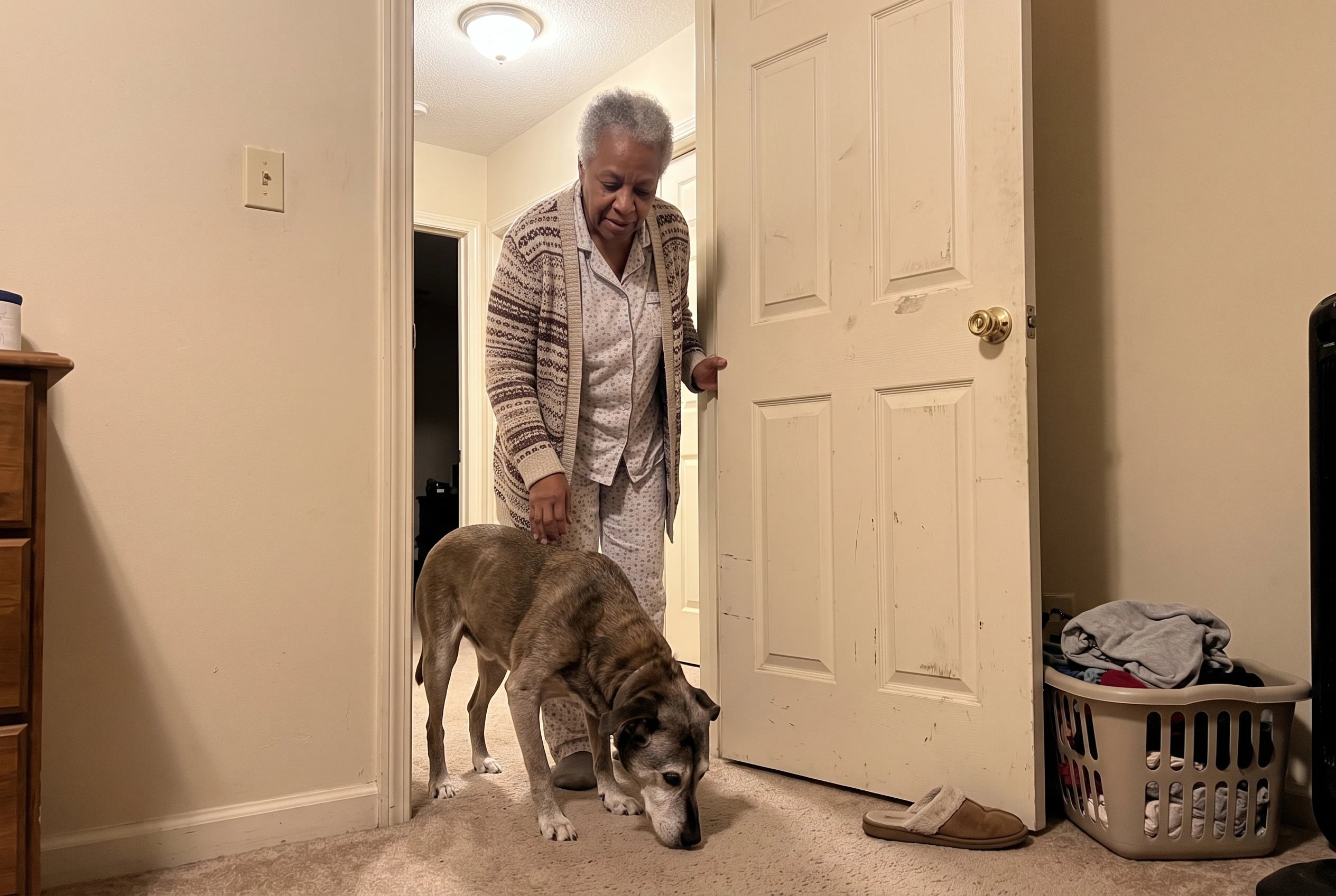 A woman stands with her older dog in a bedroom doorway at night.