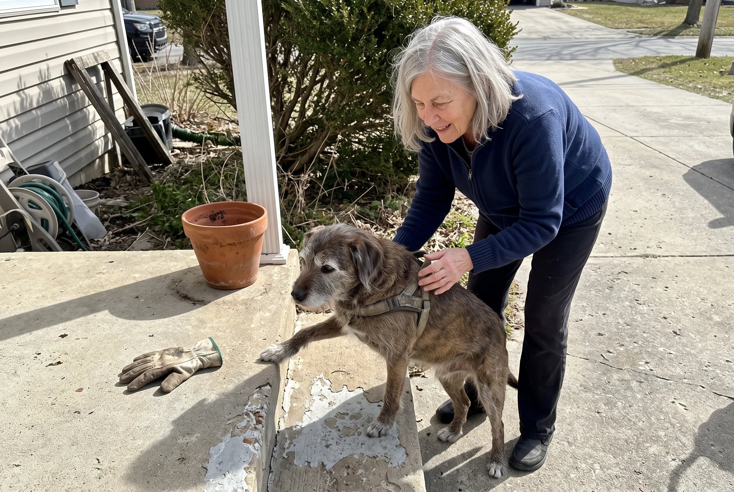 An older woman helps her dog step onto a low porch.