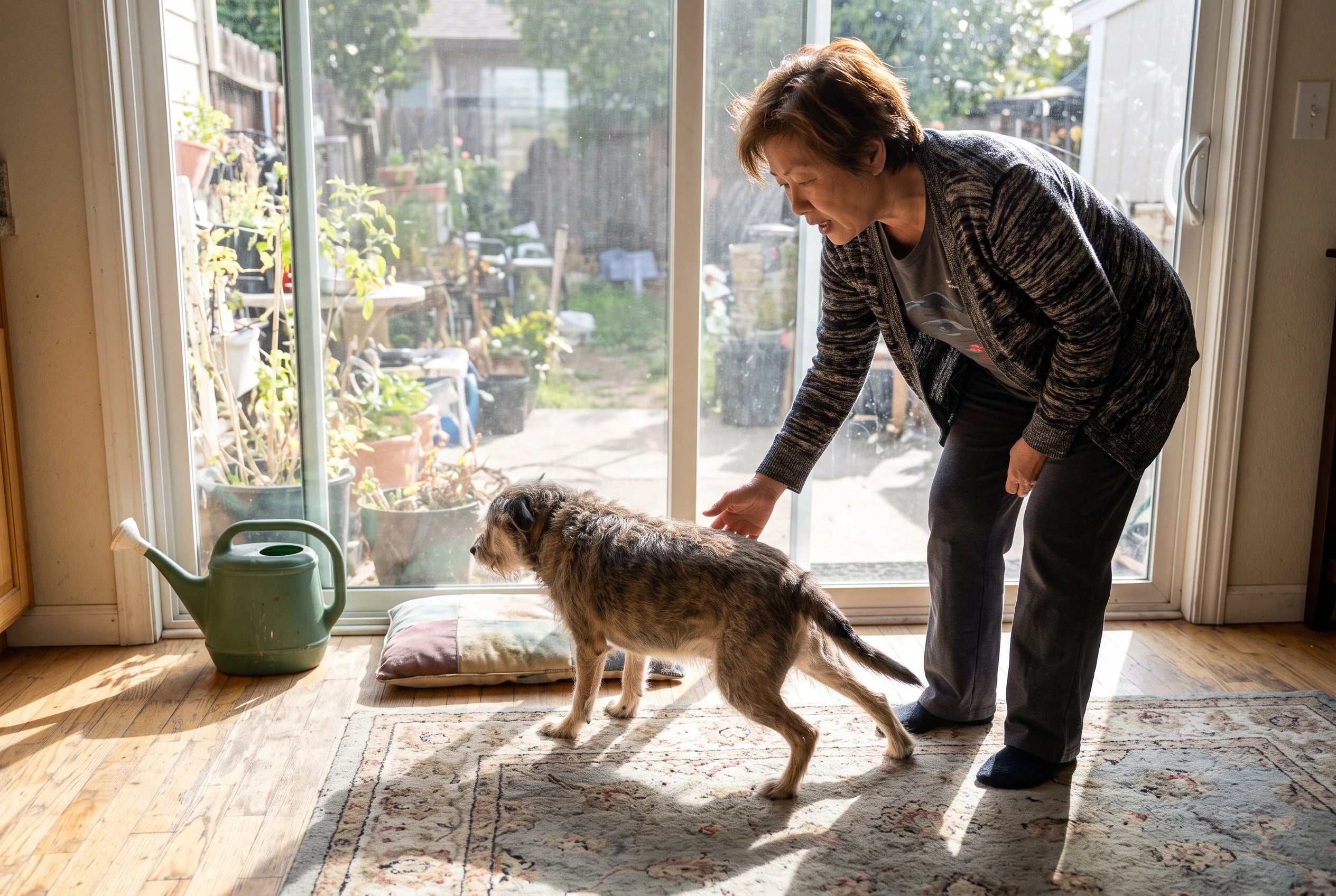 A woman watches her dog rise from a rug near the patio door.