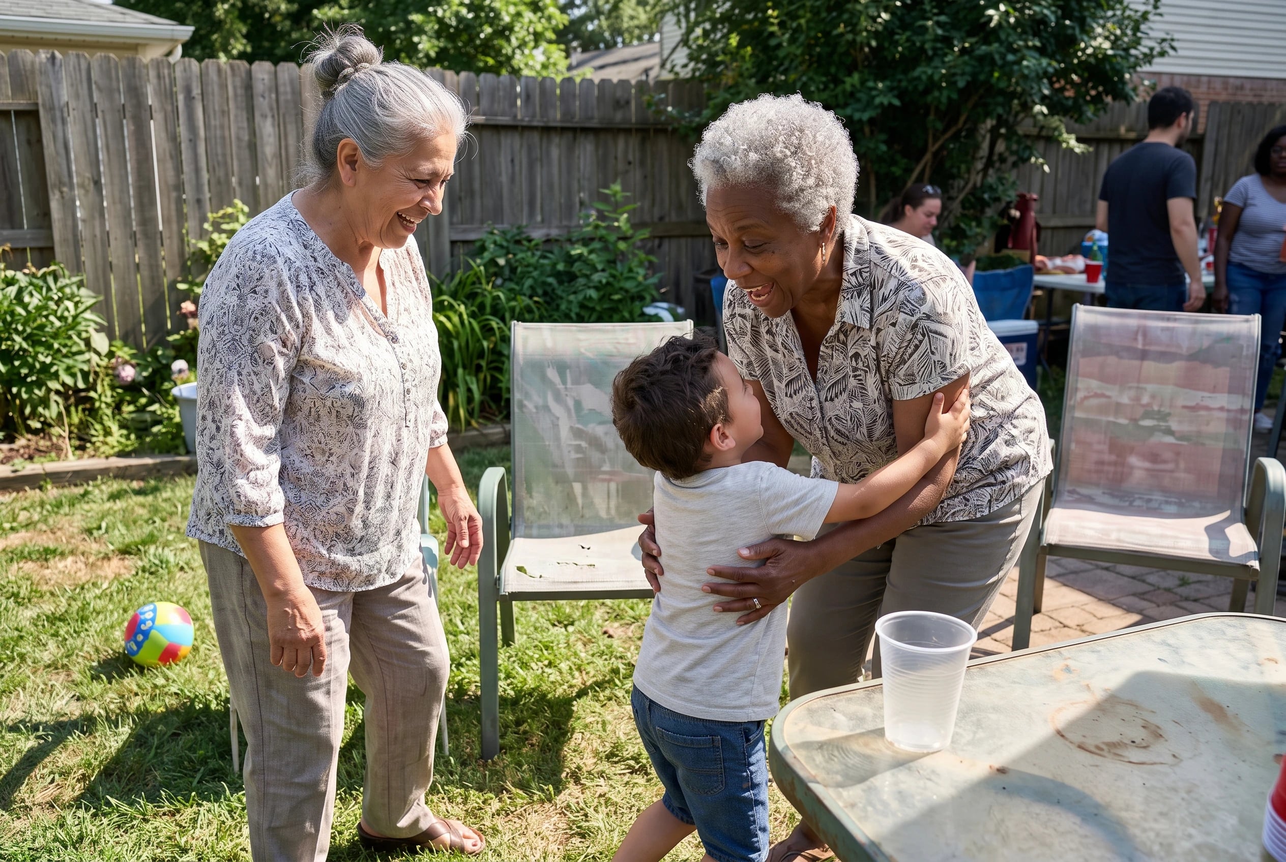 A grandmother steps aside as a child greets another grandmother at a backyard party.