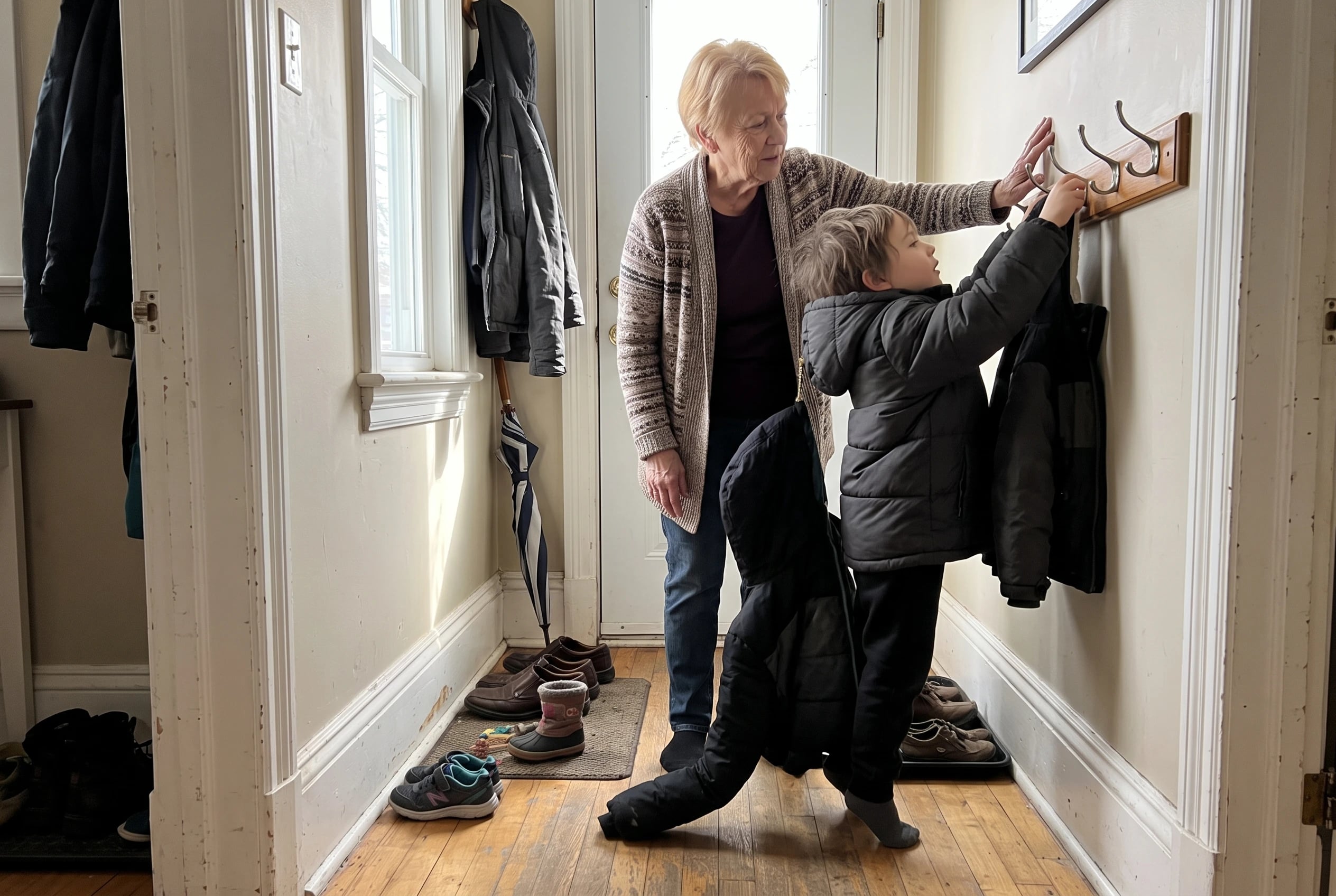A stepgrandmother helps a child hang a coat in a hallway.