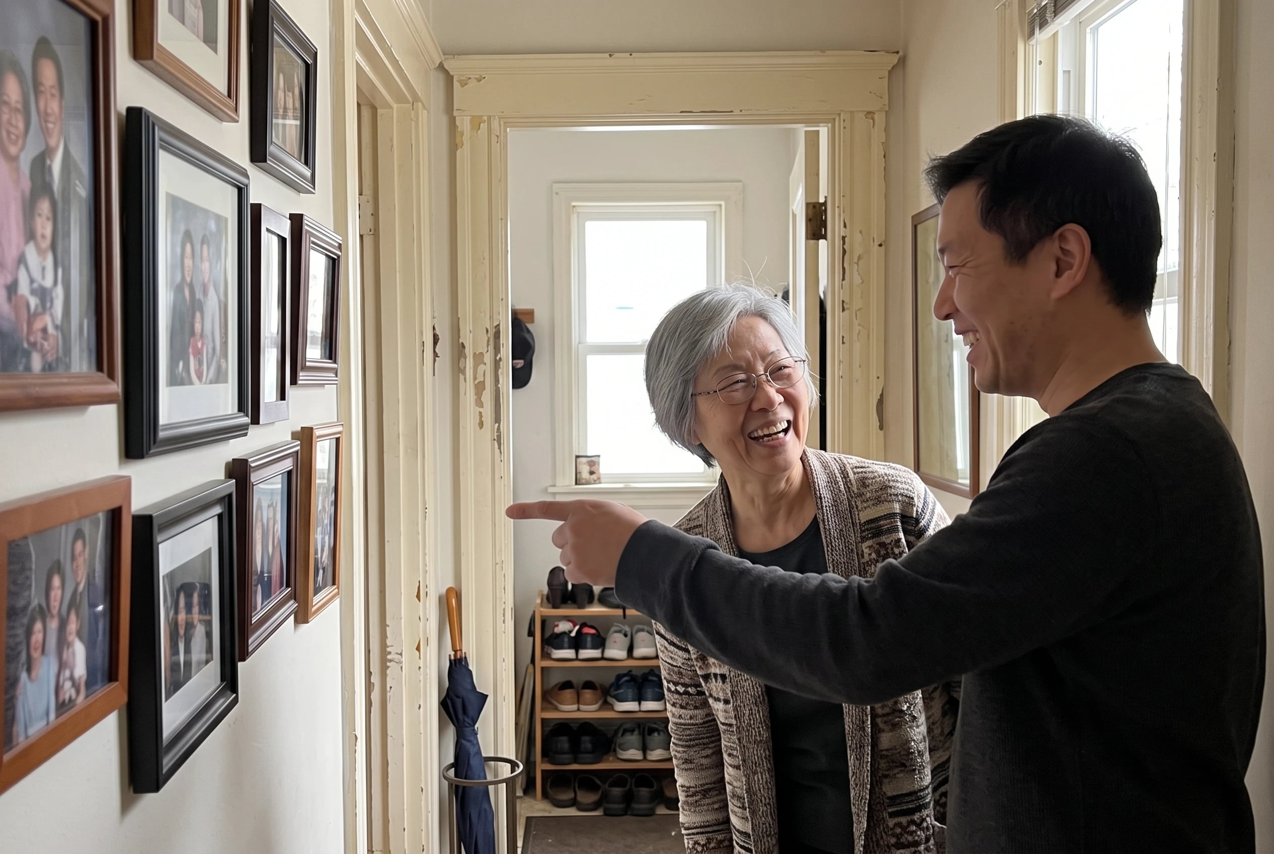 An older woman and her adult son look at family photographs on a hallway wall.