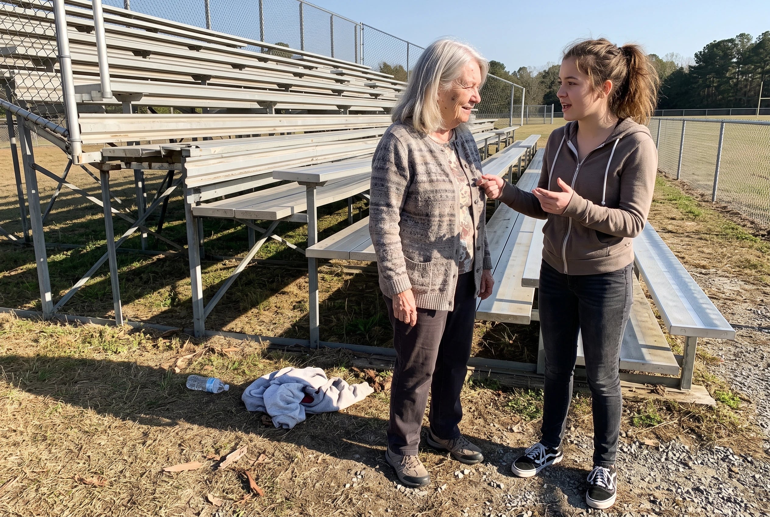 A grandmother listens to a teenager beside the bleachers at a school field.