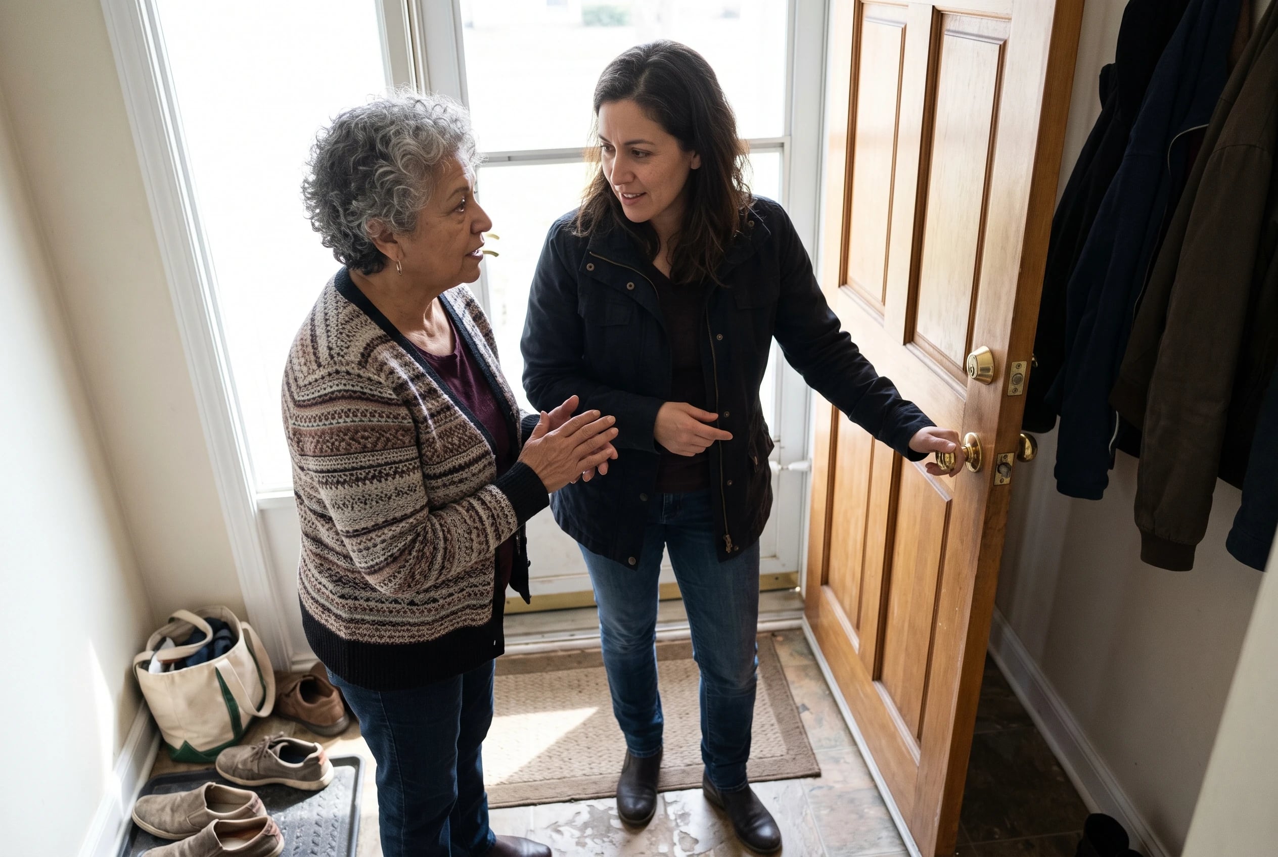A woman speaks with her adult daughter beside the front door after a visit.
