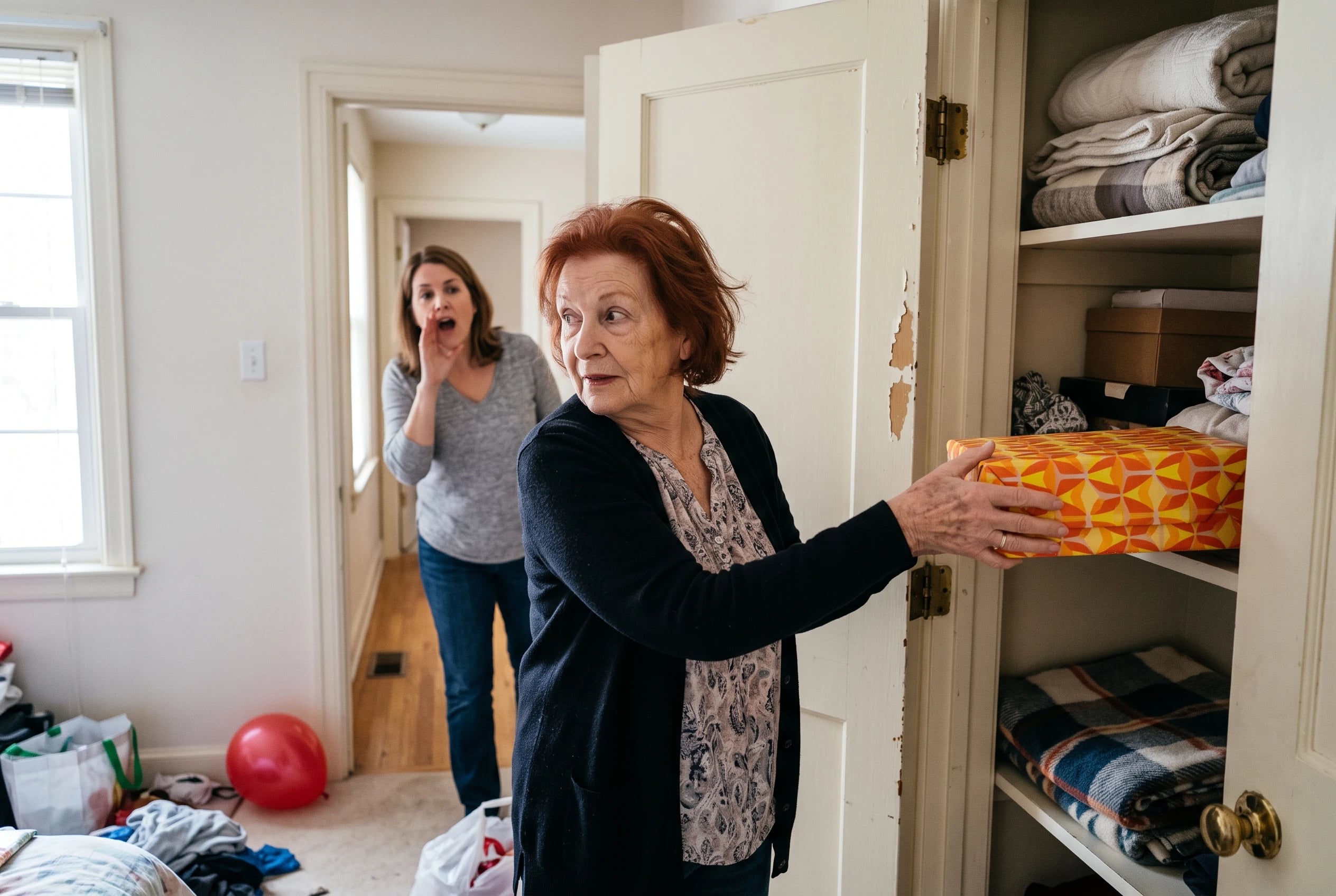 An older woman puts a birthday gift back into a closet after a family party.