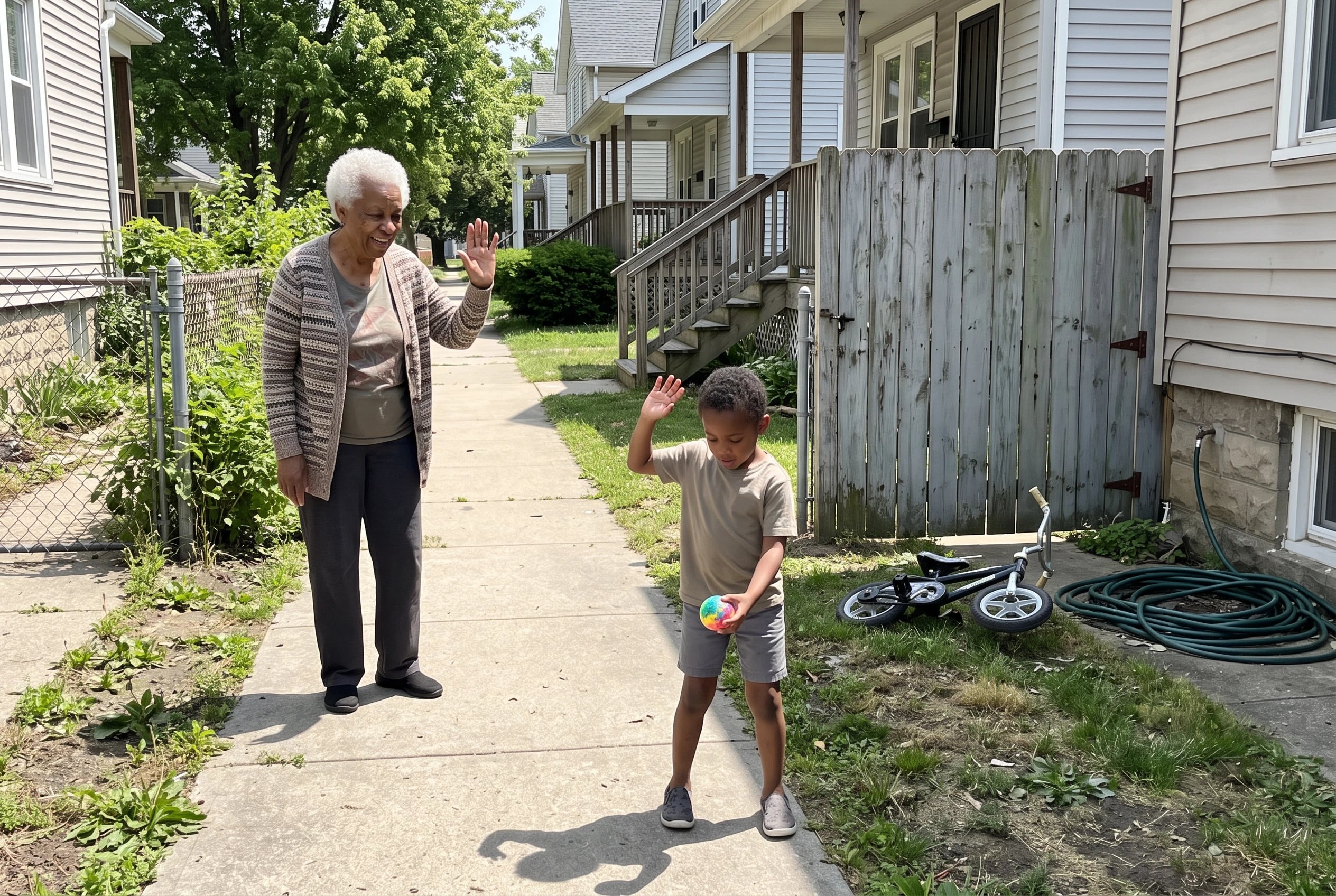 A grandmother waves to a grandchild across the sidewalk outside neighboring houses.