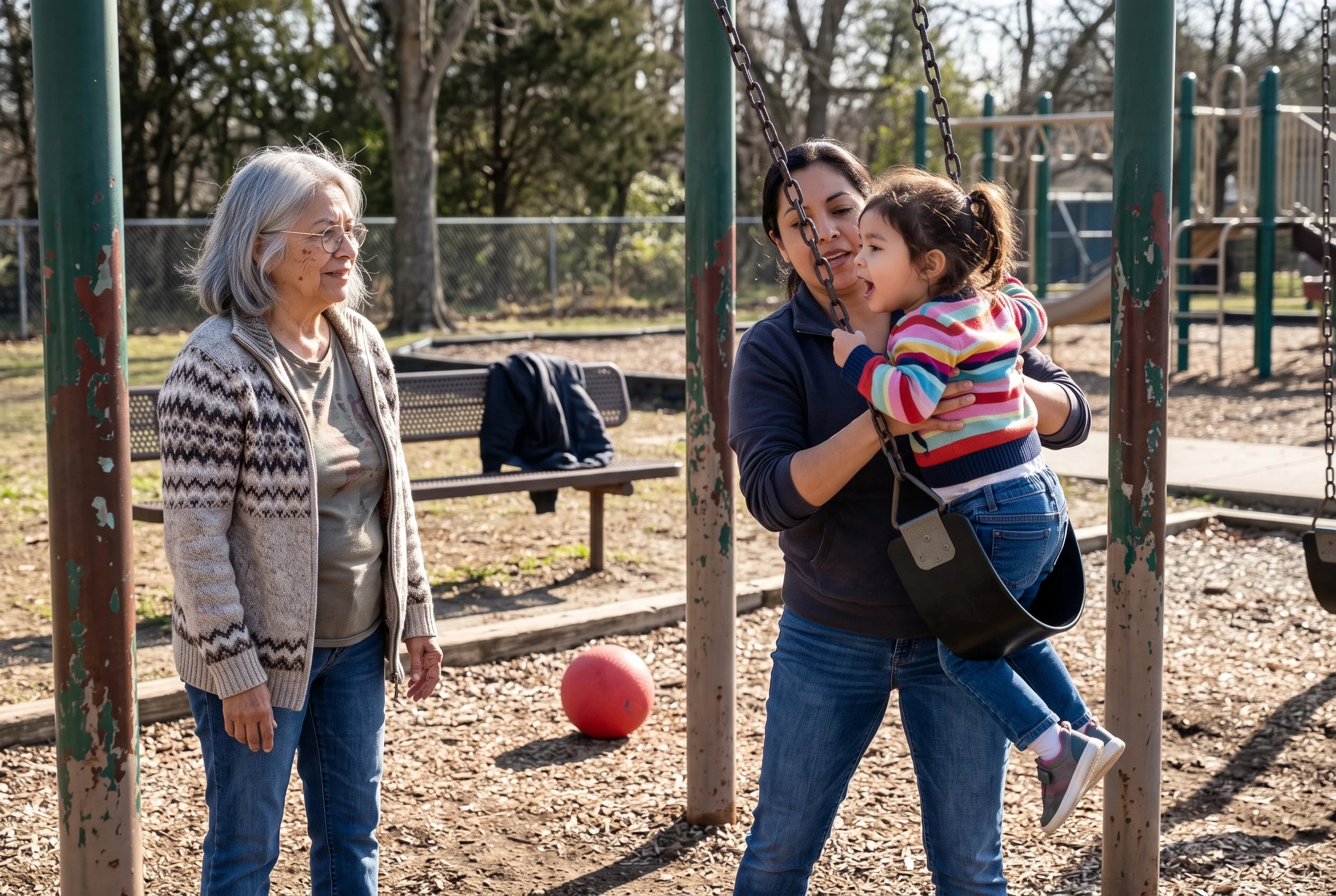 An older woman watches her daughter lift a child onto a playground swing.